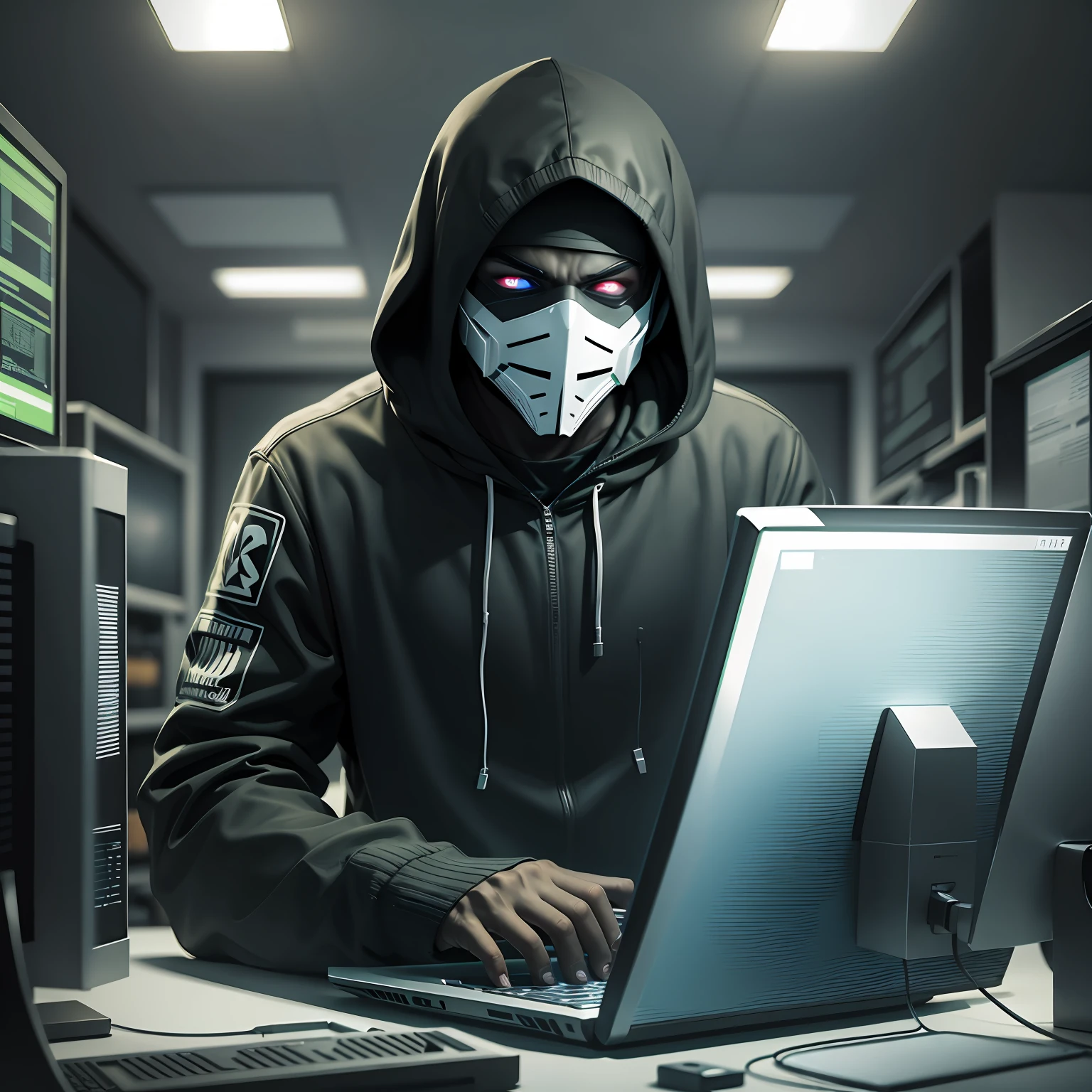Hacker with black hood and skull mask, in a room full of computers and spied on the government --auto