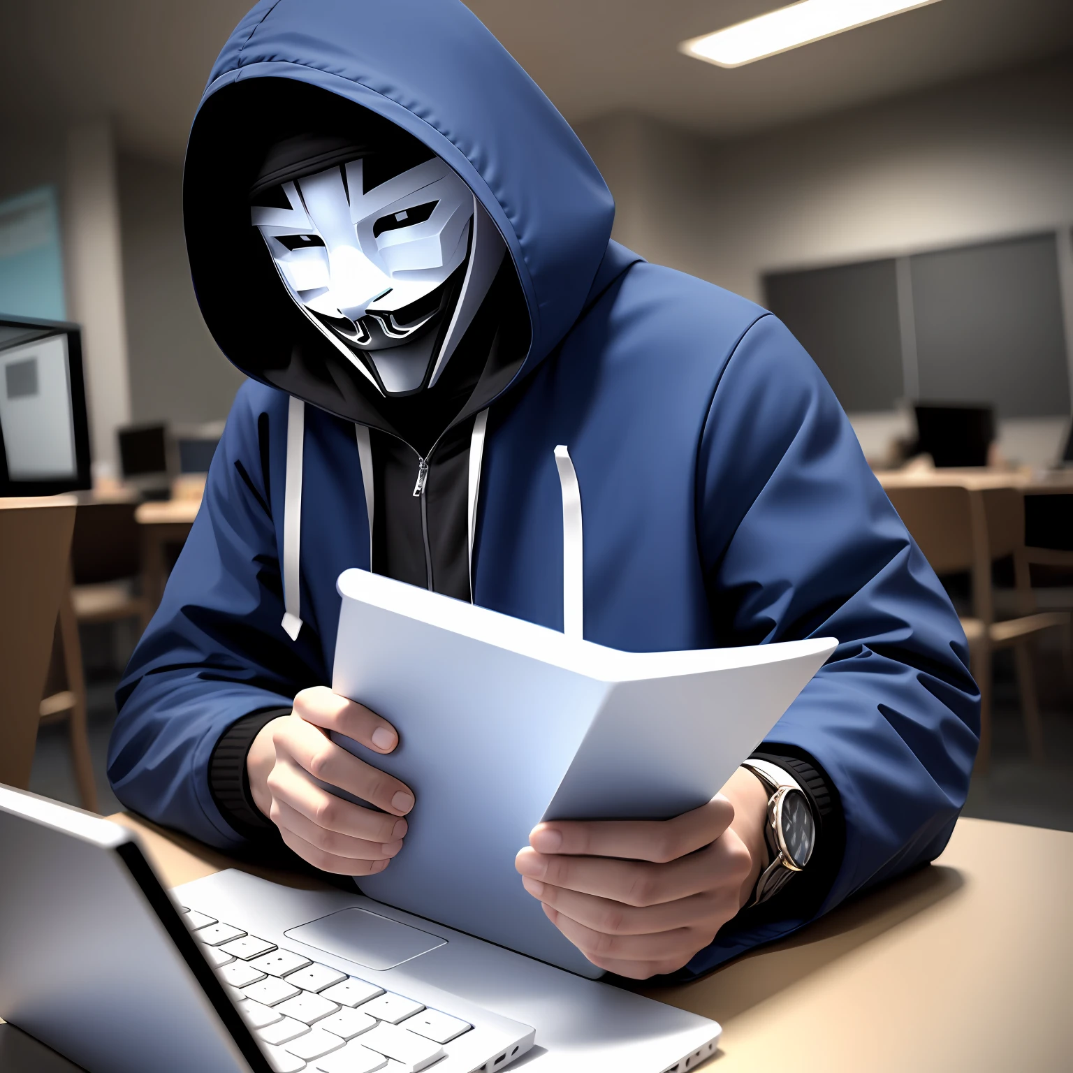 Hacker with black hood and skull mask, in a room full of computers and spied on the government --auto