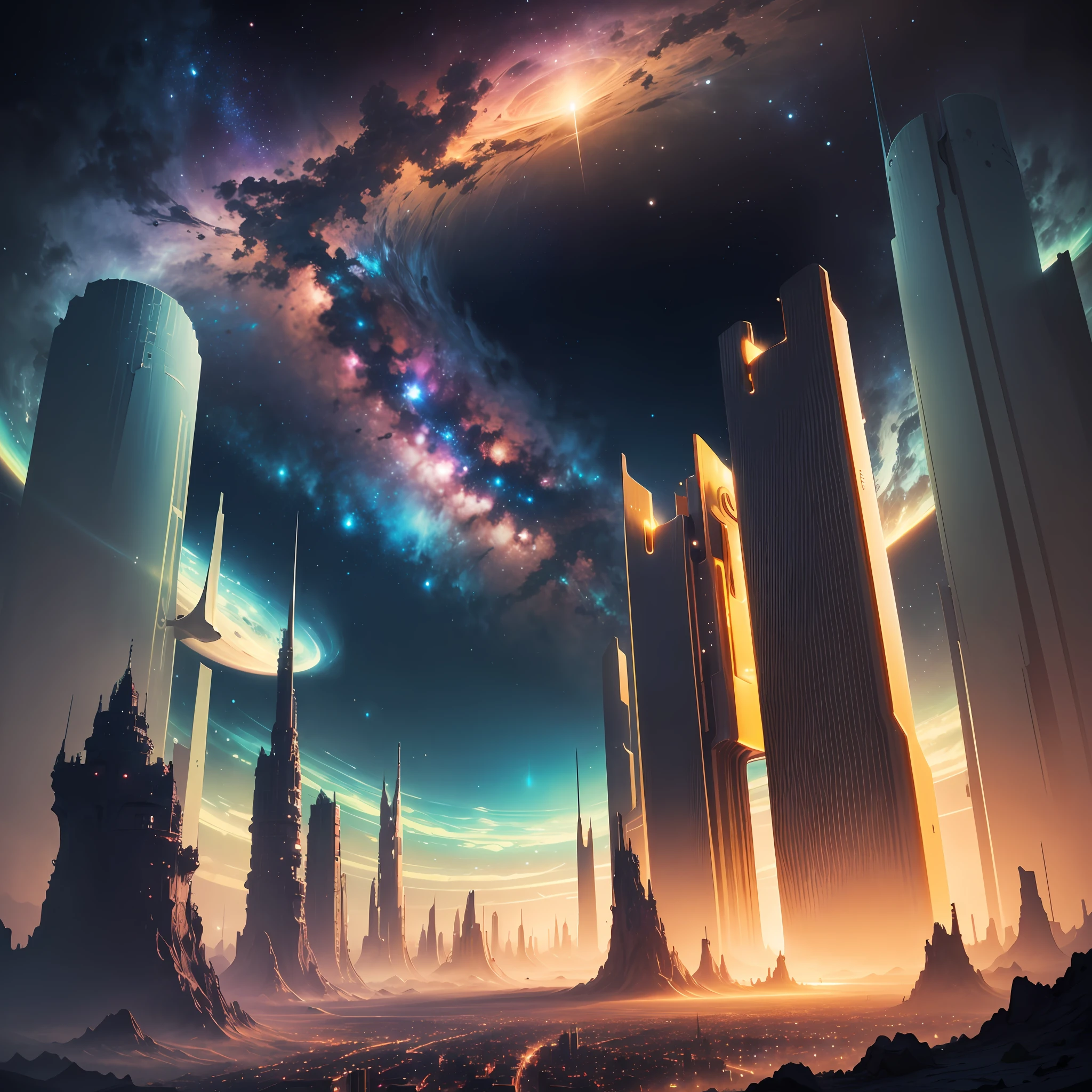 A futuristic golden space alien city, above a huge and colossal nebula and surrounded by nebulae, around the city a large celestial green field (paradise) almost infinite, all this is above a nebula, cosmos, wallpaper, 8k, 4k, --auto