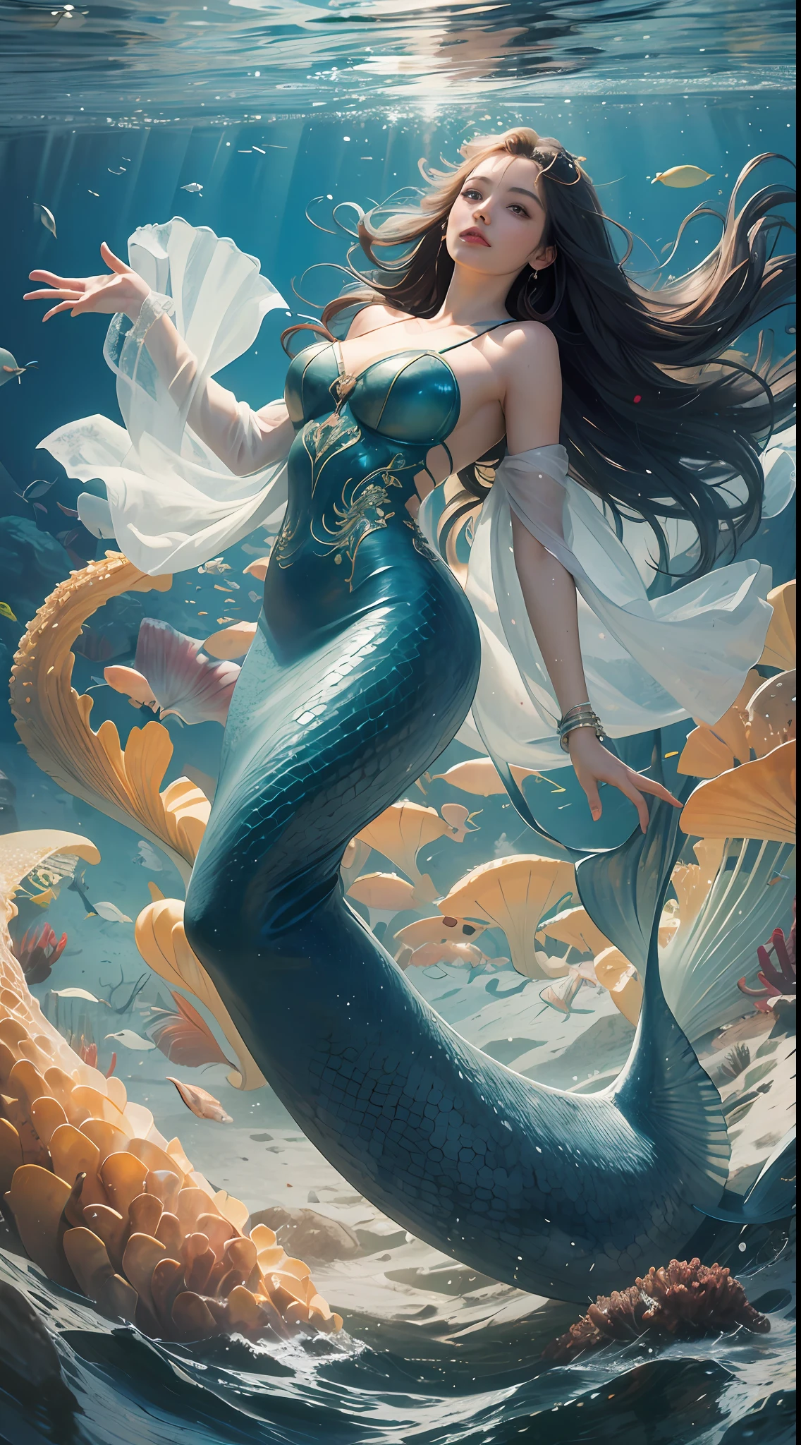 A mermaid, ultra long hair, under the ocean, far shot, wide shot, full body, singing, abstract, ray tracing, lots of fish, jellyfish, octopus, special effect, volumetric lighting, side lighting, dust in the air, glittering, intricate pattern, intricate design dress, absurdres, best quality, master piece, green clothes, sweat, epic, magic circle, mesmerizing, side view, head tilt up, cloud like hair,