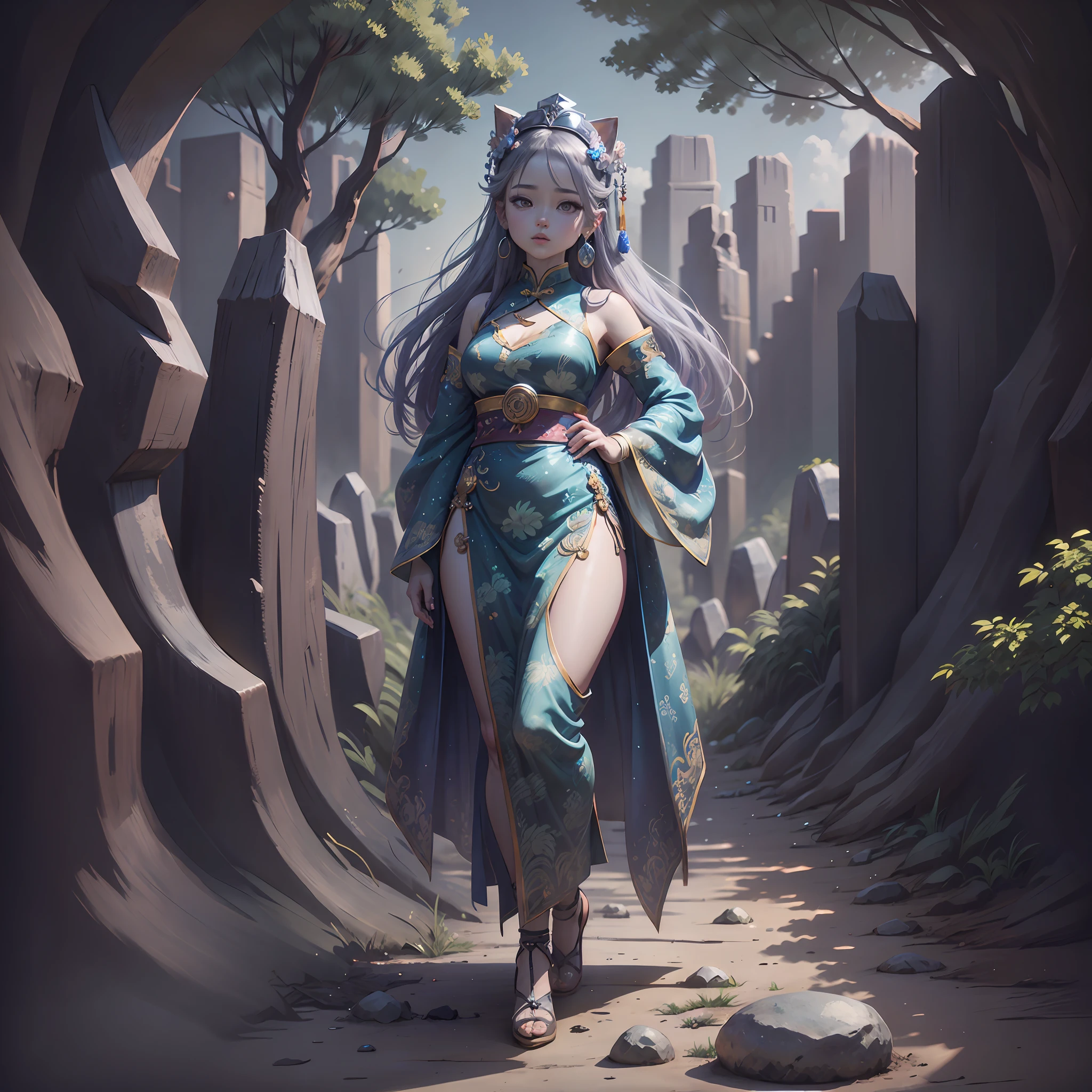 Ethnic style girl, wearing silver crown on her head, silver oval earrings on her ears, full body portrait, full body, background is stone forest, Chinese stone forest, Kunming stone forest, full body portrait, national costume, Chinese style illustration, heads-up perspective, super detail, 4K picture quality, cartoon style