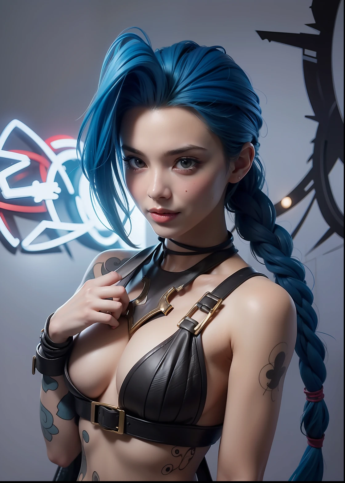 Cinematic illustration of Jinx in dynamic pose and in front of a wall with graffiti, laughter, warm body, nice breasts, detailed face, intricate datails, bright skin, elegant rocker, cinematic lighting, super detail, best quality, masterpiece, anatomically correct, textured skin, super detail, high details, high quality, Artstation. background, a cinematic ring.