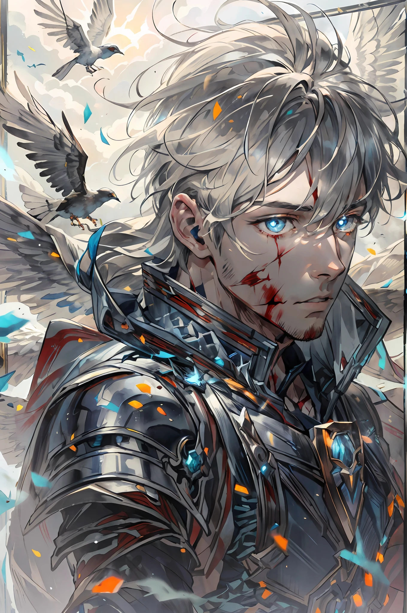 ((Young Men)), Knight, Fluttering Cloak, Ribbon, Silver Western Sword, Sabre, Gauntlet, Elongated Eyes, (((Extremely Clear and Delicate Depiction of Facial Features)))), ((Delicate Eye Depiction)), Dramatic Composition, Film Lighting, Extreme Detail, High Resolution, ((Dynamic Pose))), Silver Armor on Shoulders, Battle Flag Flying, Mist, Dusty, (Fluttering), Floating in the Air, Surrounded by Birds, Bloodstained, Battle Damaged, Wounded, Extreme Detail, High Definition, Depth of Field, Extreme light and shadow, handsome guy, deep eyes, (hair strands are very finely depicted), slightly longer hair