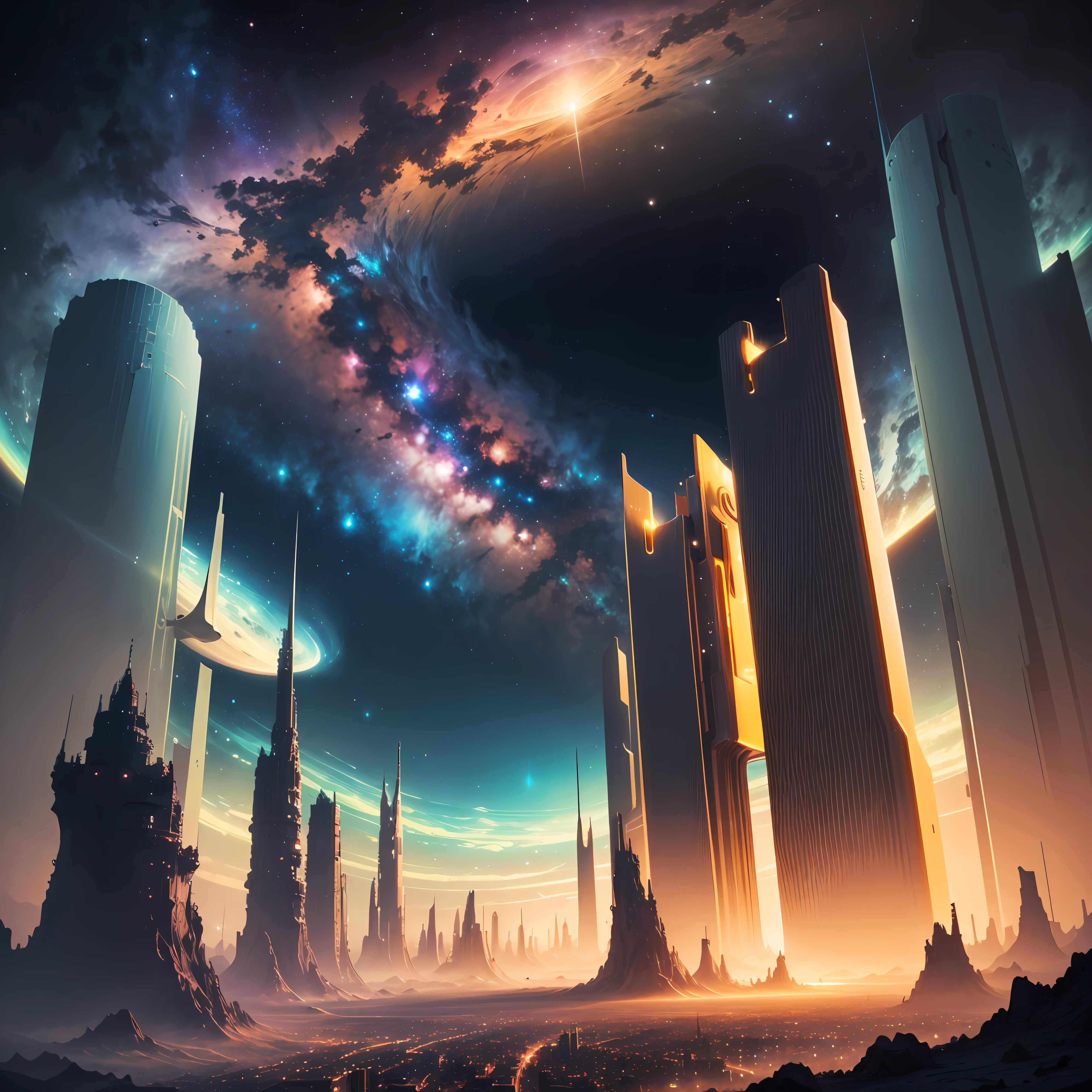 A futuristic golden space alien city, above a huge and colossal nebula and surrounded by nebulae, around the city a large celestial green field (paradise) almost infinite, all this is above a nebula, cosmos, wallpaper, 8k, 4k, --auto