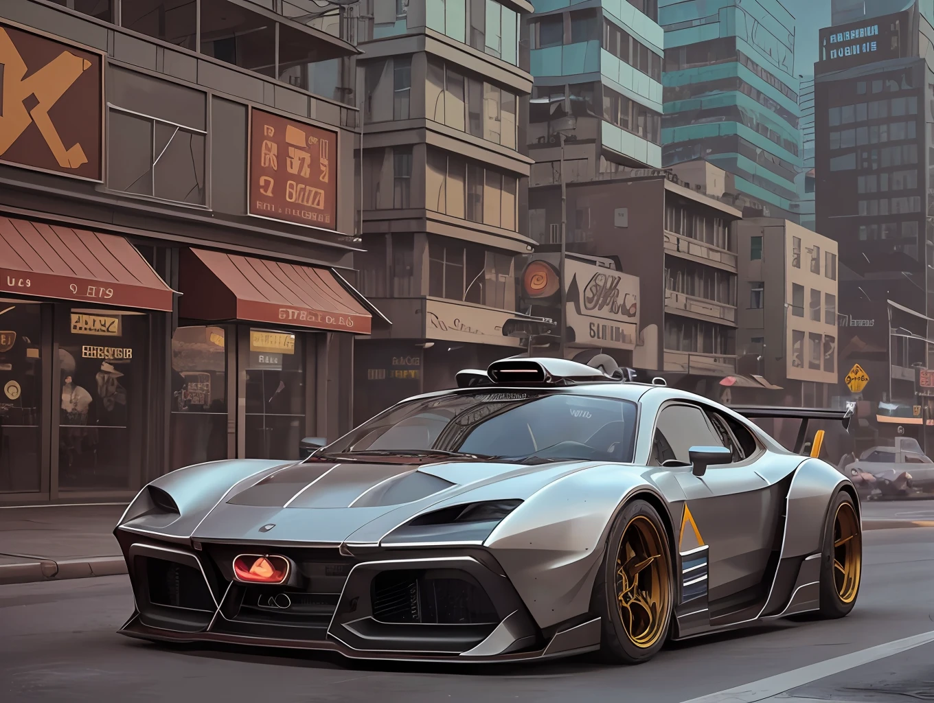 professional photo of a futuristic muscle car with multiple modifications, large wheels, yellow paint, parked, cybernetic hood, cyber car parts, (exotic headlights), mad-max, v8 engine, blower, pop-up headlights, futuristic, car mods, spoiler, science fiction, science fiction scenario, night, natural light, cyberpunk, futuristic city, cyberpunk city, neon signs, (highly detailed), (highly detailed background), no background buildings, detailed textures, wide angle, 8k, HDR, professional photoshoot, high quality photo, realistic photo, realistic shadows, detailed shadows, realistic proportions, photographed with a Sony a9 II Mirrorless camera, film grain, raw photo, physics-based rendering, vibrant colors, award-winning image, (color particles).