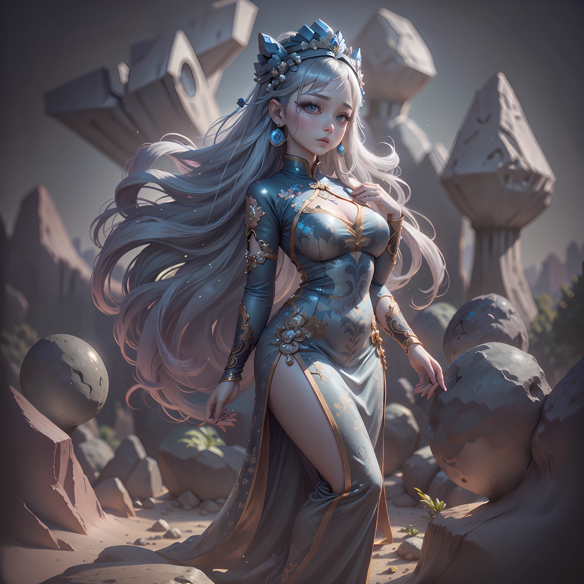 Ethnic style girl, wearing silver crown on her head, silver oval earrings on earhooks, full body portrait, body ratio (1::3), background is stone forest, Chinese stone forest, Kunming stone forest, full body portrait, national costume, Chinese style illustration, heads-up perspective, super detail, 4K picture quality, cartoon style
Wait for it to start