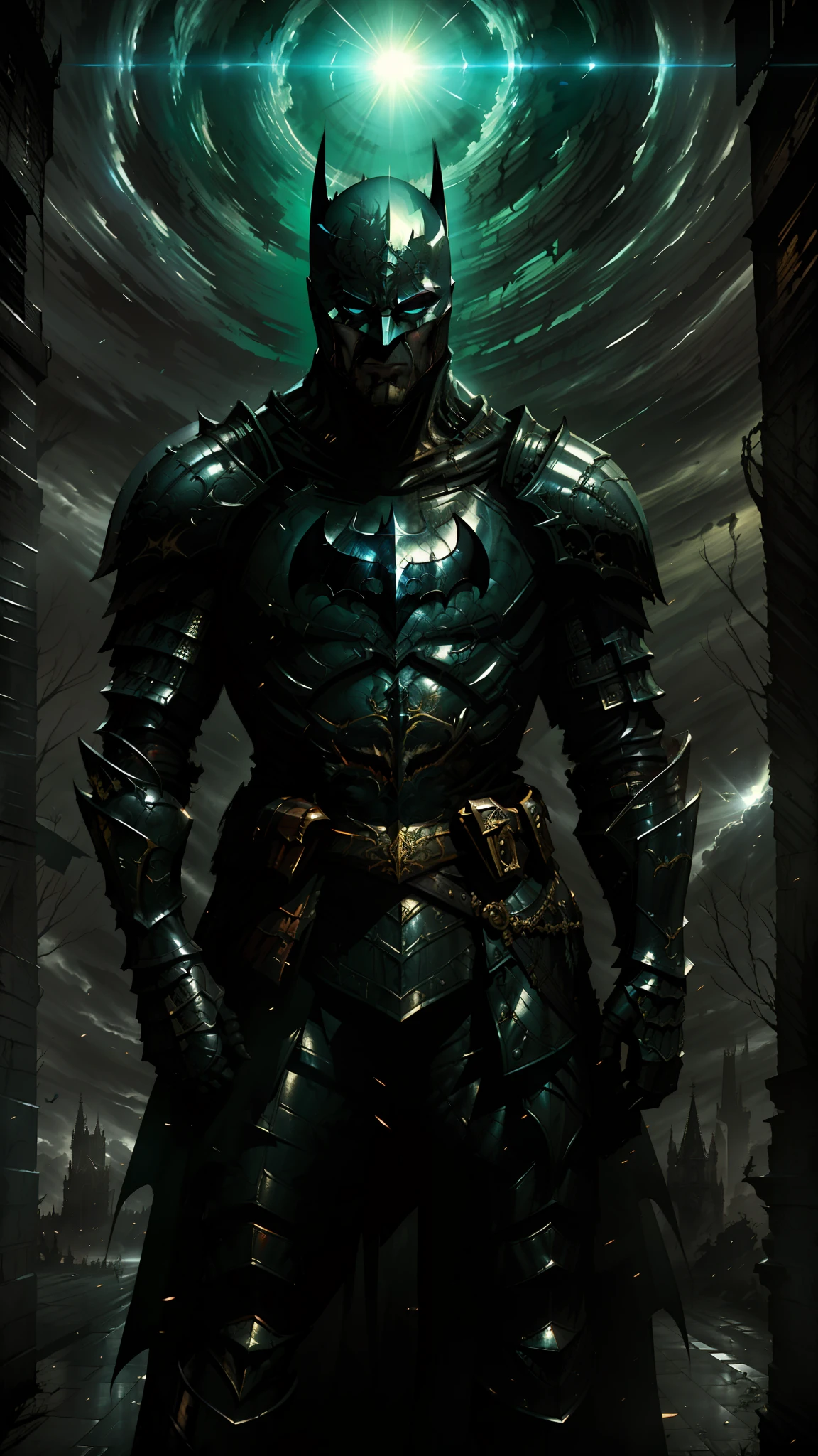 Victorian cathedral, Batman (DC comics) wearing black medieval armor, long black cape on the back, fanciful art, greg rutkowski art style, Dark fantasy, dark knight, Batman, unreal engine 5, 8k.