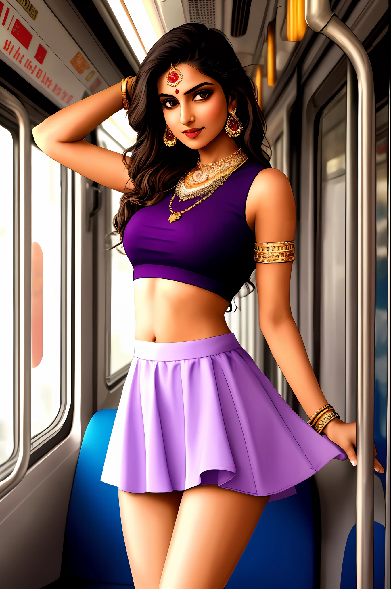 Sure! Here's an optimized prompt based on the given description:
"A seductive Indian girl, adorned with exquisite jewelry, wearing a light brown top and light purple raffle skirt . Showcasing her legs in a realistic and highly detailed manner, she poses alluringly in front of the camera. In train. Sexy poses