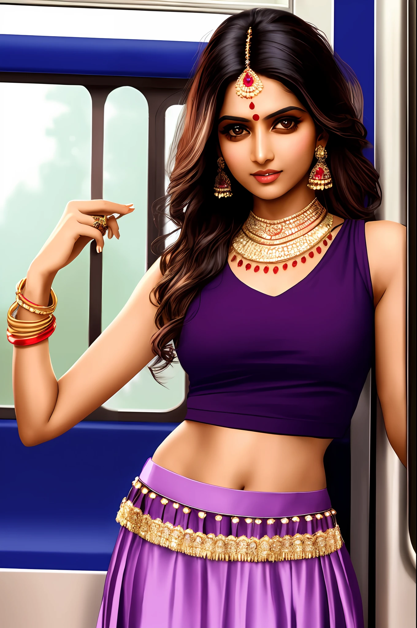 Sure! Here's an optimized prompt based on the given description:
"A seductive Indian girl, adorned with exquisite jewelry, wearing a light brown top and light purple raffle skirt . Showcasing her  legs in a realistic and highly detailed manner, she poses alluringly in  front of the camera. In train. Sexy poses