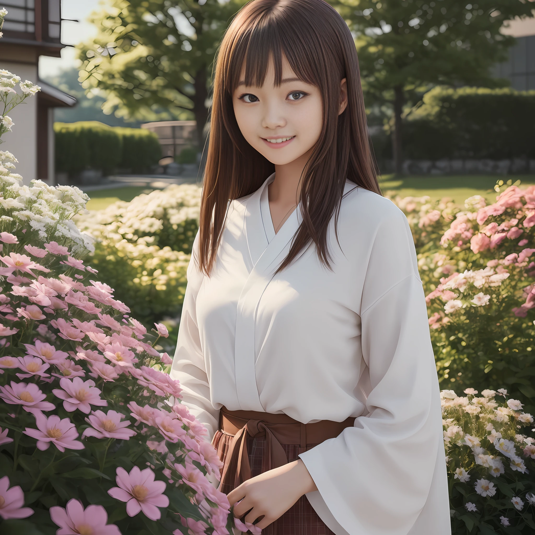 (Best Quality, Masterpiece: 1.2), (Realistic, Photorealistic: 1.37), 8K, RAW Photography, Professional Lighting, Photon Display, Wireless Accuracy, Physical Rendering, 1 Japan Girl, Solo, Cute, High School, Brown Hair, (Fluffy Fashion: 1.5), Flower Garden, Big, Smiling --auto
