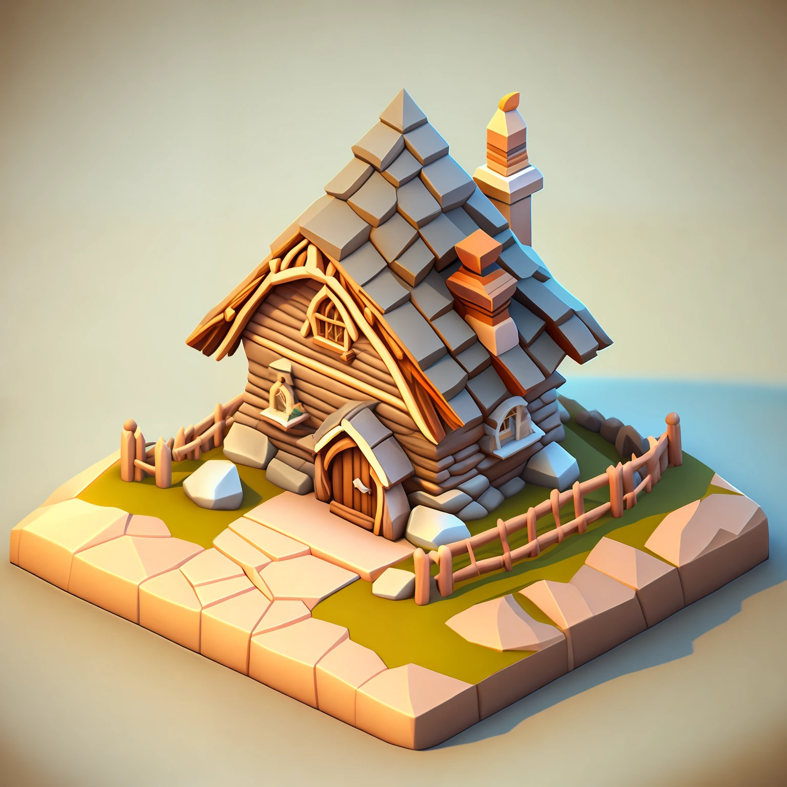 isometric house, RPG style, cartoony, DnD, fantasy, mobile game，primitive man，animal bone，stone，wood