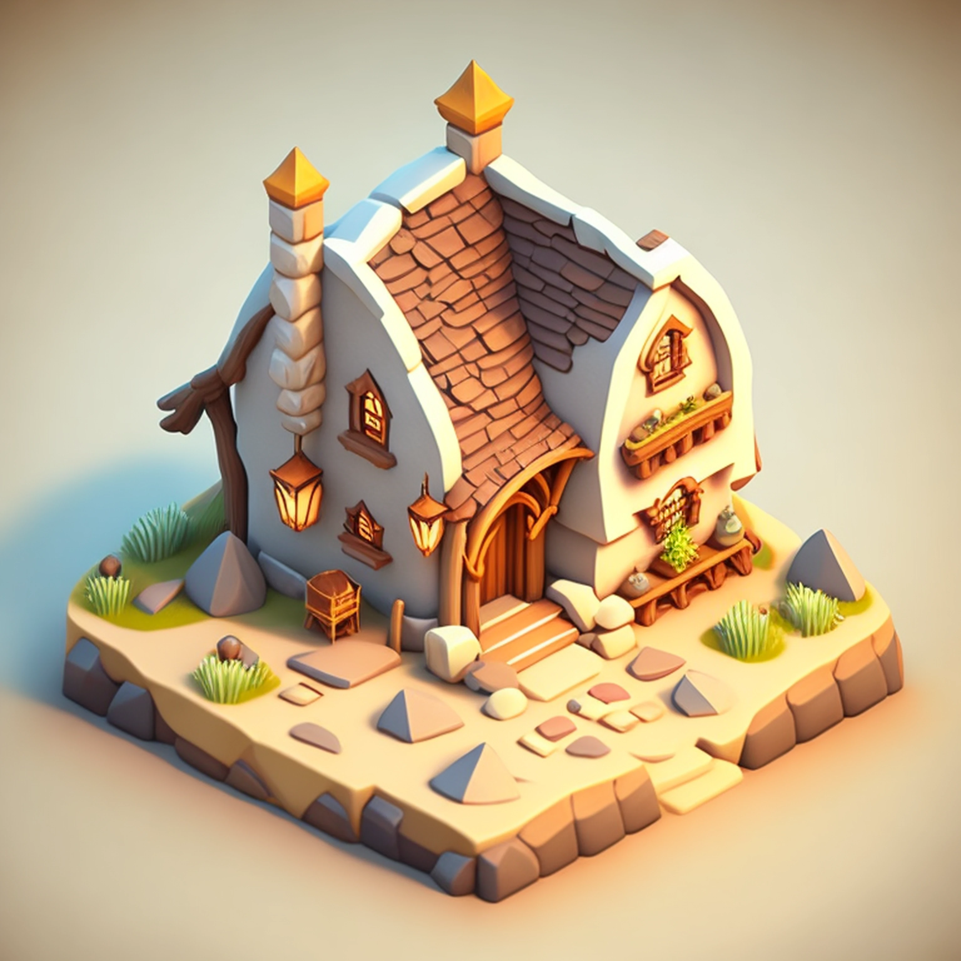 isometric house, RPG style, cartoony, DnD, fantasy, mobile game,primitive man,animal bone,stone,wood