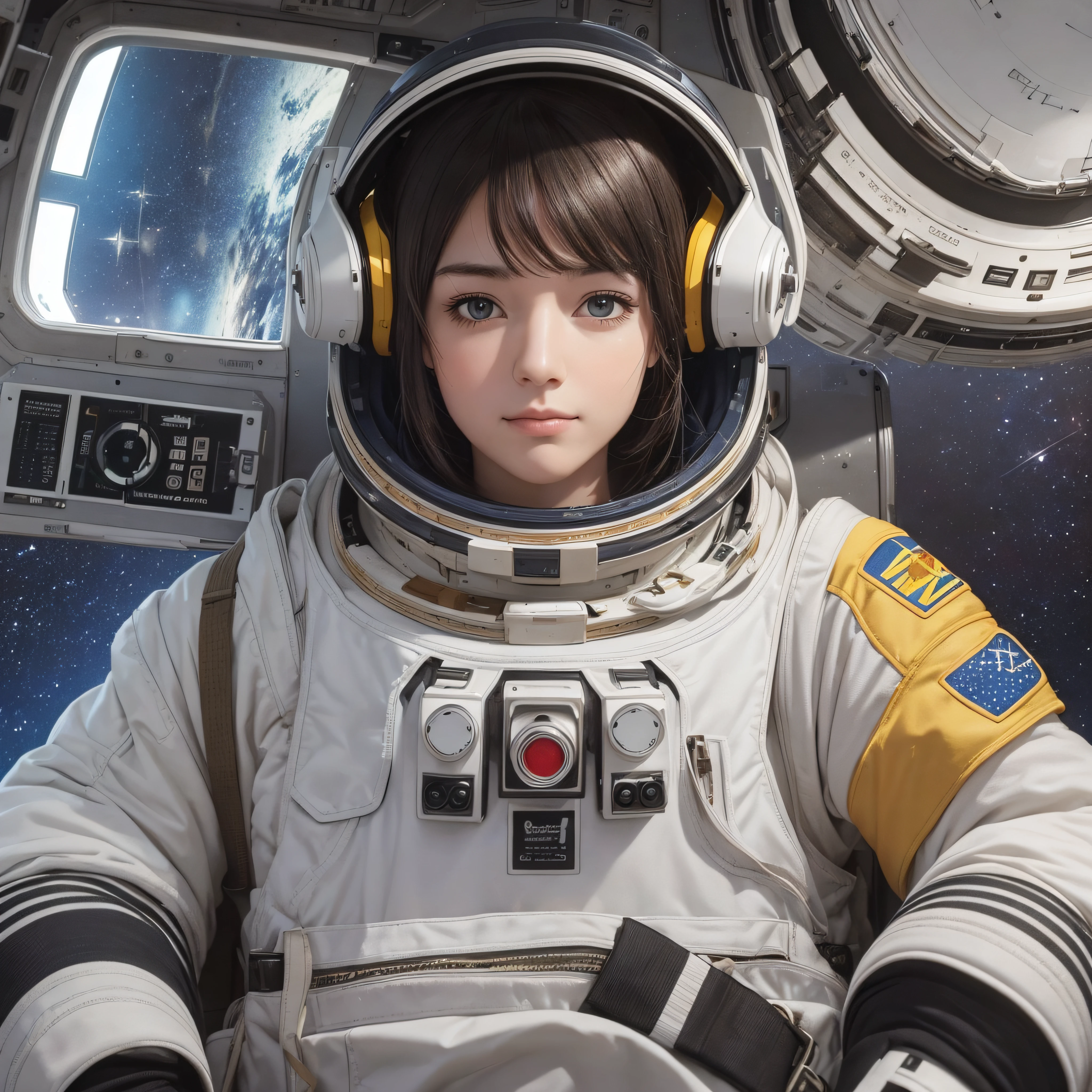 masterpiece, best quality, extremely high details, sp4c3w0m3n, a smiling woman with short hair, wearing a retro-style space suit and helmet, spacesuit with rocket on the back, flying on Mars with a spaceship in the background, talking to a ((microphone))), greeting, seiyuu, voice actor, vintage style