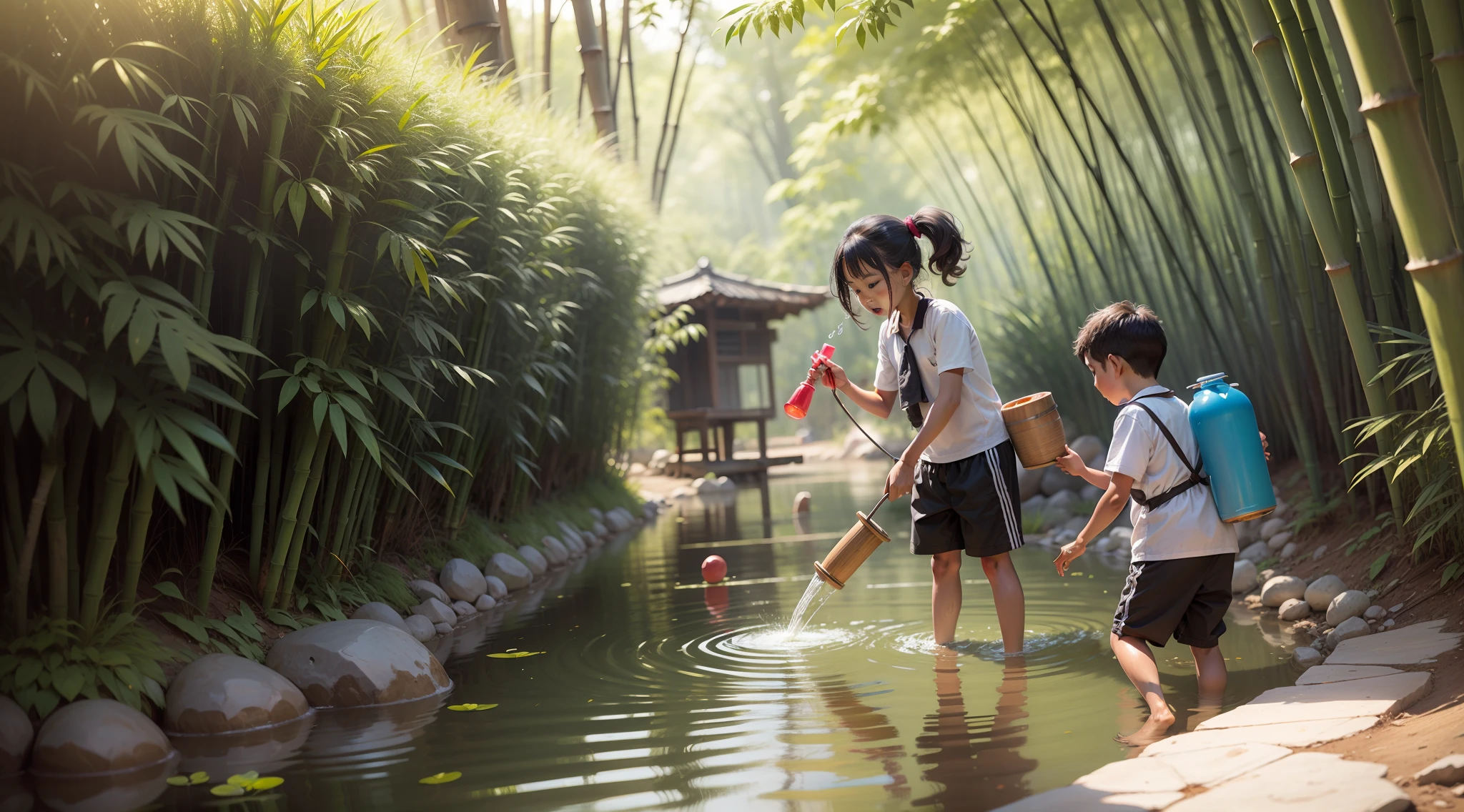 Children getting water in a bamboo spout, water coming out of bamboo