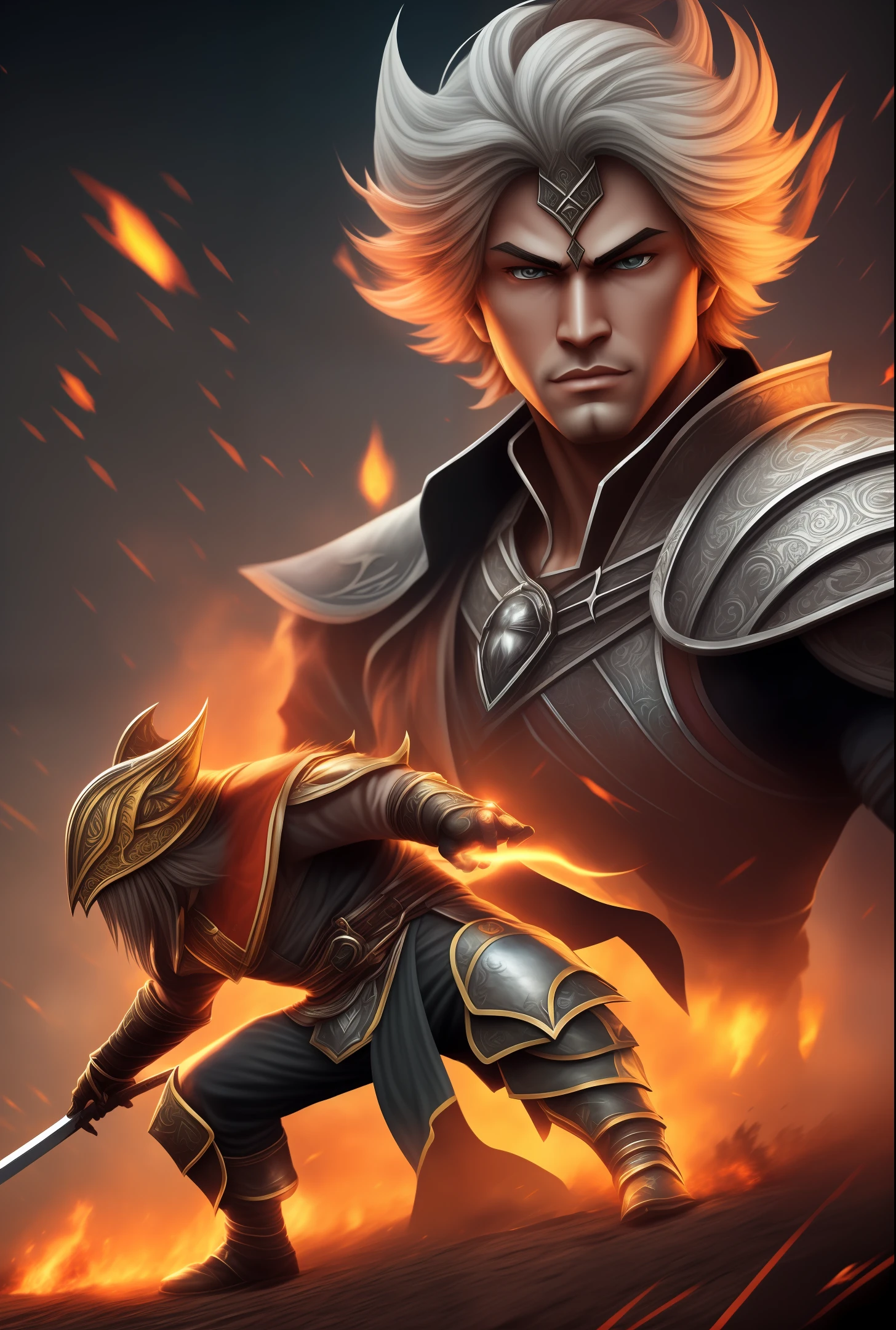 It generates an image of fisheye type aplio plane, of a brave male warrior of human race, full body, rough making his final position covered with dirt and blood, on a battlefield with fog, furious, victorious, background battle, enemy flags, luminous flashes meticulously applied using techniques of artists related to NCsoft games, like Aion, Lineage 2 and Blade and Soul. The warrior must have an imposing appearance and be equipped with an extremely detailed and beautiful sword. Place him on a street in the medieval village, looking down, in a pose that conveys intimidation and dominance. Pay special attention to armor details, clothing textures, facial features, and lighting effects to create an immersive and epic atmosphere. Use vibrant, contrasting colors to enhance the image. Make sure the generated image is high-resolution and full of realistic detail --auto --s2