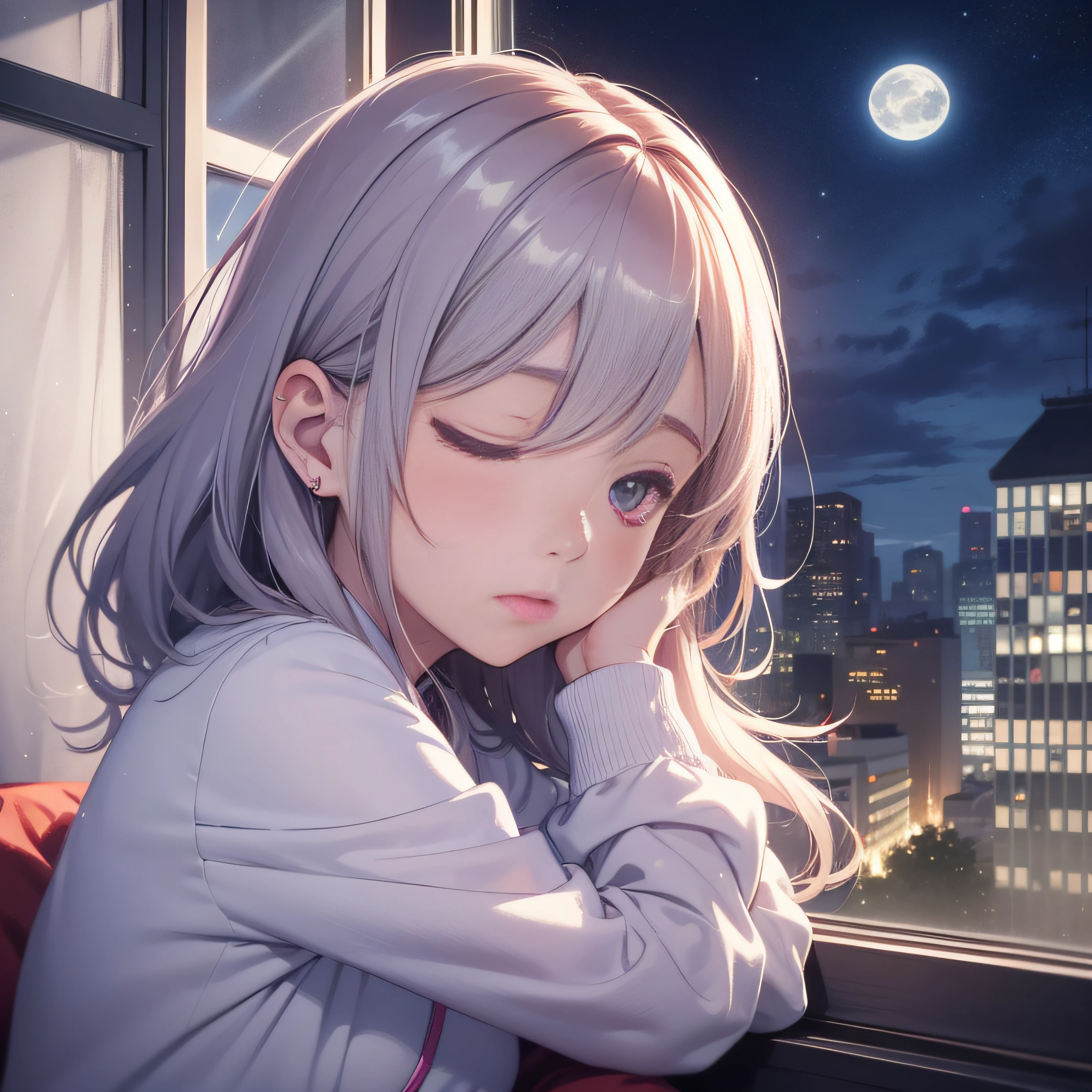 Cartoon of a girl sitting in front of a window against the background of the moon, calm night. digital illustration, sleepy , late night, sleepy face, sleepy face pastel,