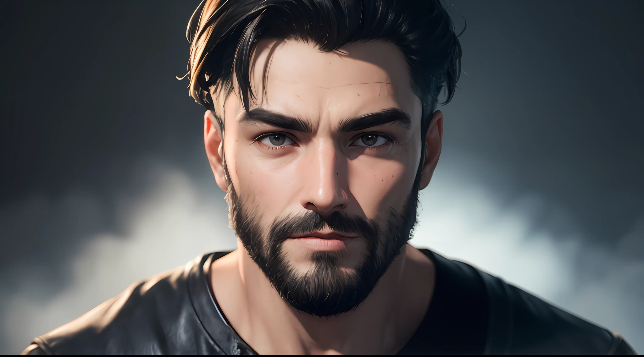 a man with a beard and leather jacket, Unreal 5. RPG portrait, unreal engine character art, small character. Unreal Engine 5, Cinematic Realistic Portrait, 8K Portrait Rendering, Cinematic Bust Portrait, Rendered in Unreal Engine 5, Created in Unreal Engine 5, Made in Unreal Engine 5, Cinematic Close-up Bust Shot, Rendered in Unreal 5