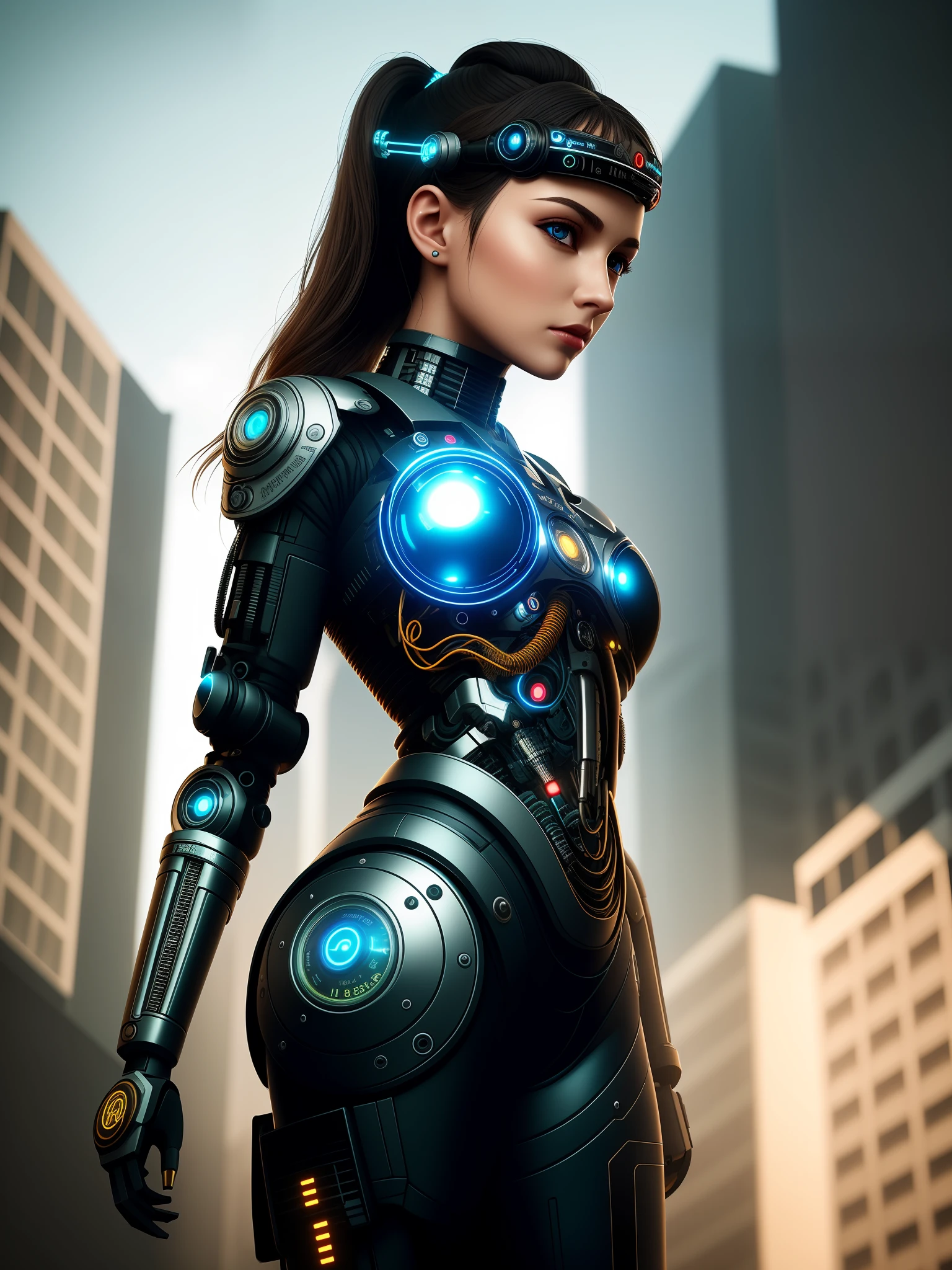 Ultra detailed complex 3d rendering of a cyborg woman, perfect face, vibrant eyes, porcelain skin, perfect lips, half robot, half human, tall body, beautiful body, smooth silhouette, full body, robotic parts, futuristic city, artificial lights, dramatic effect, vibrant details, cyberpunk, hyper realistic, anatomical, facial muscles, electrical cables, futuristic city background, octane rendering,