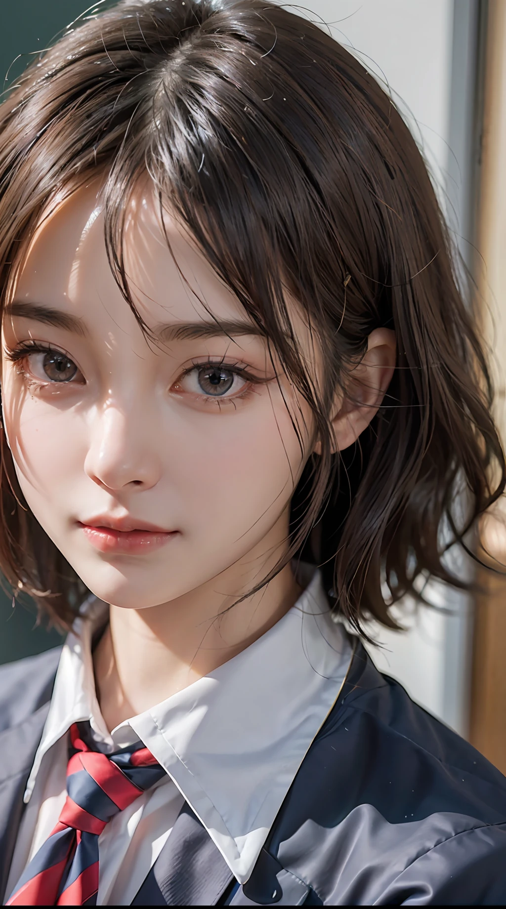 Masterpiece, 1 Beautiful Girl, Detailed Eyes, Swollen Eyes, Top Quality, Ultra High Definition, (Reality: 1.4), Movie Lighting, Japan People, Asian Beauty, Korean, Very Beautiful, Beautiful Skin, Slender, Forward-Facing Body, (Ultra Realistic), (High Definition), (8K), (Very Detailed), (Best Illustration), (Beautifully Detailed Eyes), (Ultra Detail), (Wallpaper), Detailed Face, Bright Lighting, Professional Lighting, Looking at the viewer, looking straight ahead, background is school classroom, Japan schoolgirl, school girl in uniform is dark blue blazer and red tie and gray short skirt, small tattoo on face, 17 years old, part color of hair and eye color and tie color is blue, hairstyle is short hair,
