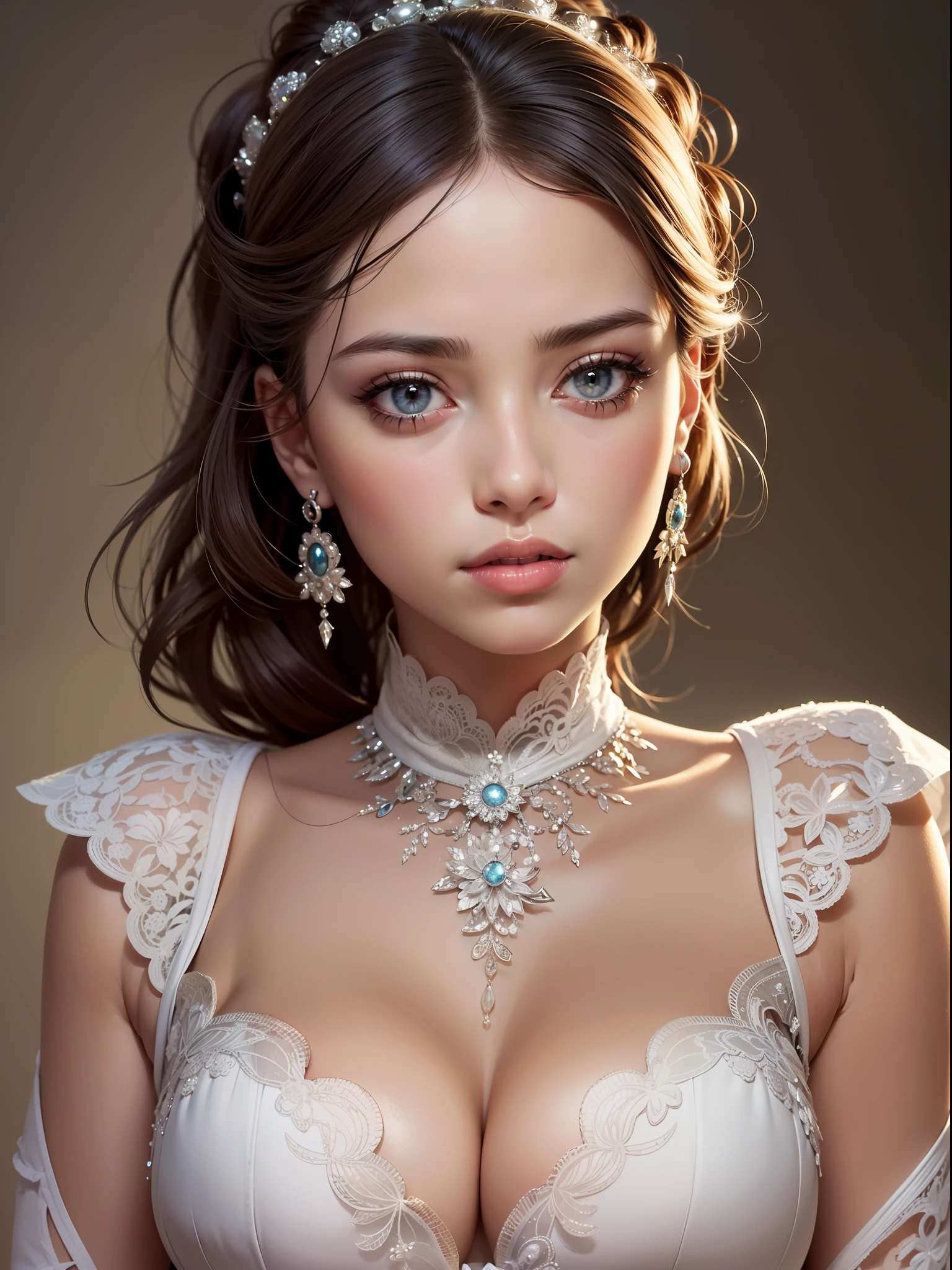 Canon 5DMk2 135mm, (highest quality) (masterpiece)), intricate details, sharp focus, professional, photorealistic, ultra-realistic, photorealism, silhouette lights, fine indications, top quality, CG Unity wallpapers highly detailed 8k, perfect artwork, full body, shiny hair, shiny eyes, glowing skin, 3 perfect realistic female figures, narrow waist, camera gaze, lace, seductive posture, sexy pose, Very delicate and beautiful girl, top quality, beautiful details, beautiful detailed eyes, soft lighting on the face, movie lighting, transparency, white ancient Chinese folk costume, see-through material, buttocks exposed, realistic expression of face, (complex details, makeup, (beautiful delicate face details, Beautiful detailed delicate eyes, perfectly proportioned face, highly detailed skin, detailed skin, best proportions four fingers and thumb, arms under the chest, big big breasts, smooth abdomen, thin and thin, fashion, solo, (thin makeup), highlighted face, detailed face, white skin, brown hair, ponytail, braided hair, big eyes, earrings, slim body, transparent background, Professional lighting, one girl, coiled hair, big, 27 years old,