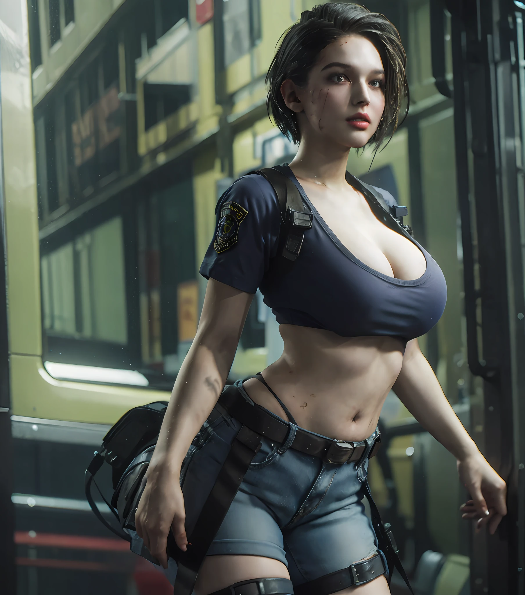 a close up of a woman in a uniform posing for a picture, glamorous jill valentine, female protagonist 👀 :8, chloe price, cyberpunk 2 0 y. o model girl, ultra realistic concept art, officer, resident evil inspired, background of resident evil game, better known as amouranth, resident evil, cyberpunk girl, sexy girl, thicc, female protagonist, big boobs, (gigantic boobs), cleavage, show cleavage, skimpy t-shirt, full body, full body shot, skimpy military short jeans, sexy, sexy lewd, lewd, show much skin.