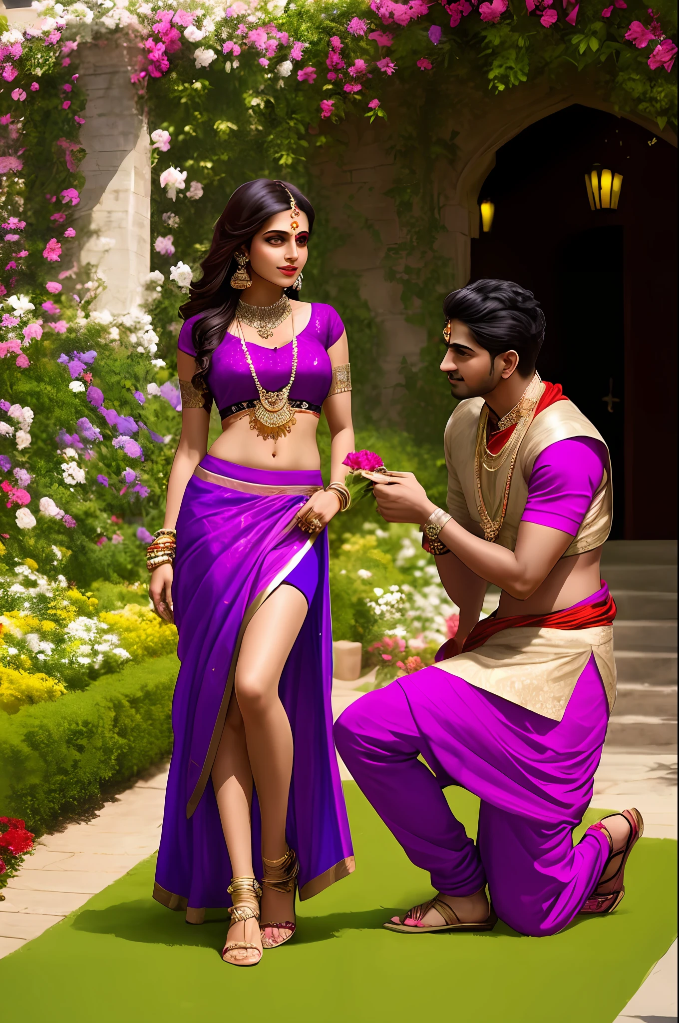 Sure! Here's an optimized prompt based on the given description:
"A seductive Indian girl, adorned with exquisite jewelry, wearing a light brown top and light purple raffle skirt . Showcasing her  legs in a realistic and highly detailed manner, she poses alluringly in  front of the camera. With 1 boy proposing down with flowersIn garden. Sexy poses