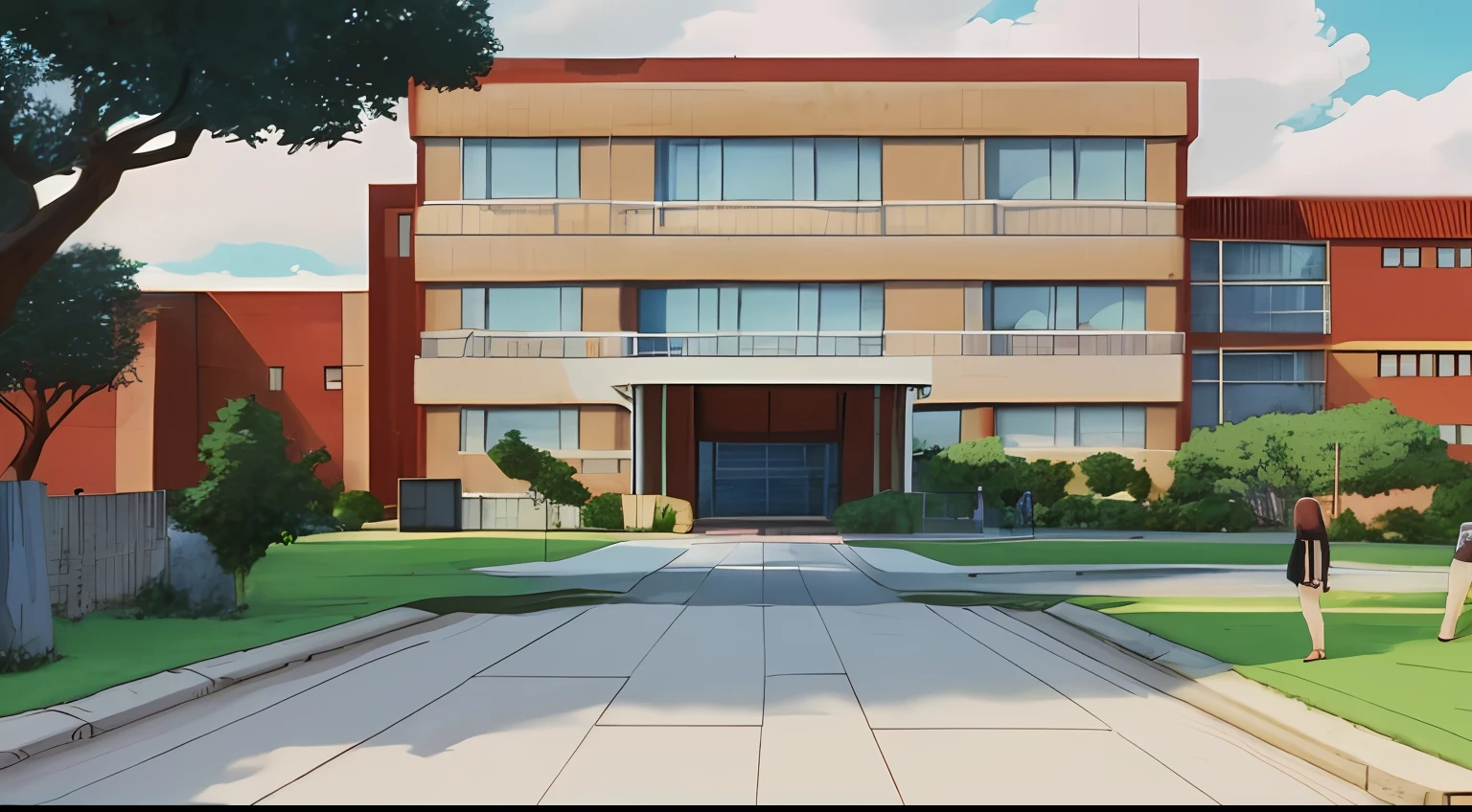 University entrance, anime keyframes, hand-drawn animation, two-point perspective