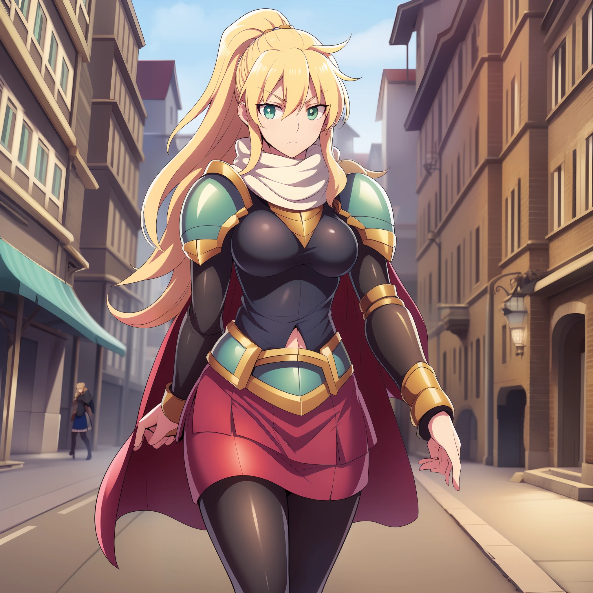 skirt vest, pantyhose, ponytail, long hair, blond hair, knight, medium breast,alicetaria february, green eyes,, walking, lance holding, cape, scarf, walking