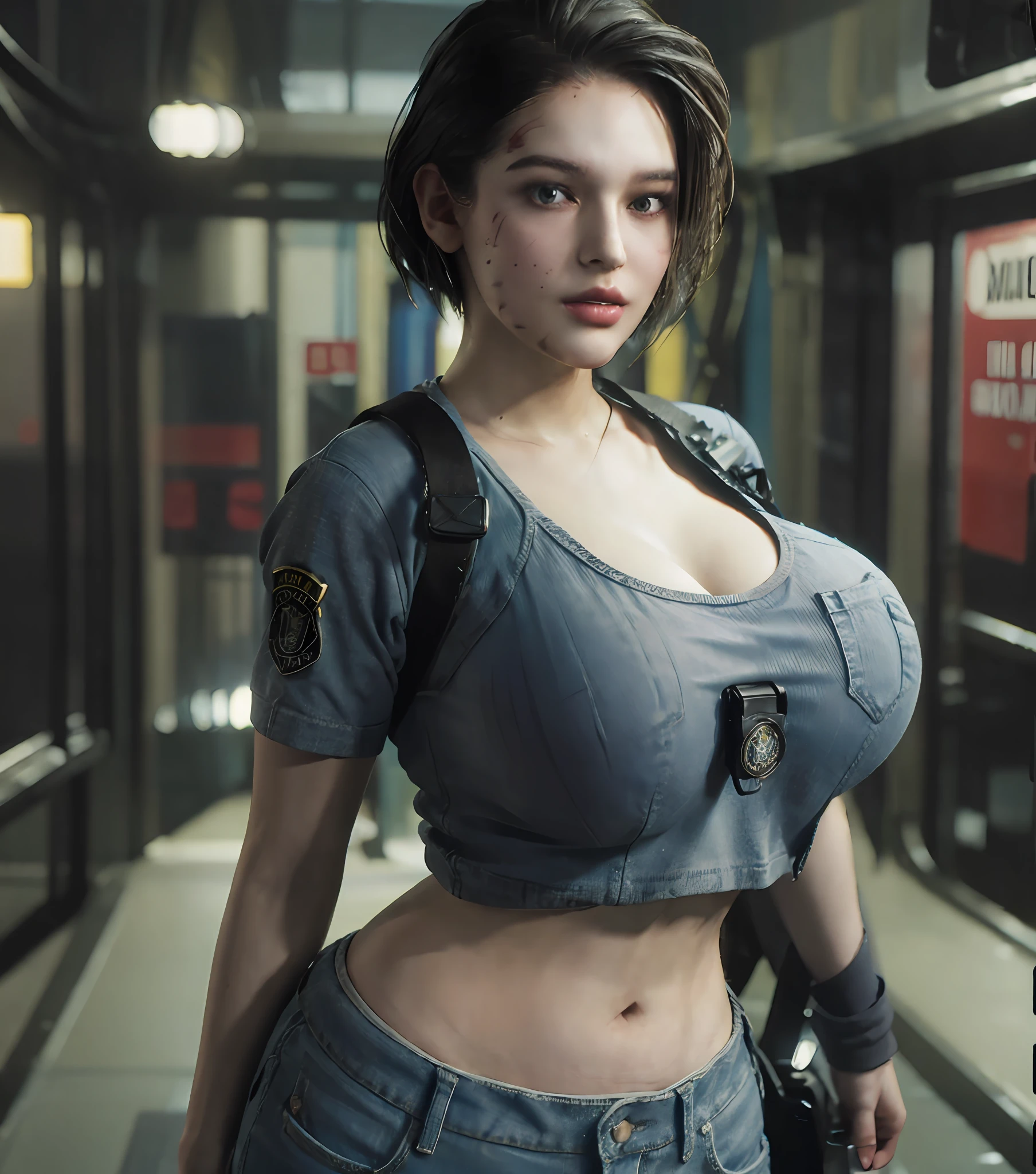 a close up of a woman in a uniform posing for a picture, glamorous jill valentine, female protagonist 👀 :8, chloe price, cyberpunk 2 0 y. o model girl, ultra realistic concept art, officer, resident evil inspired, background of resident evil game, better known as amouranth, resident evil, cyberpunk girl, sexy girl, thicc, female protagonist, big boobs, (gigantic boobs), cleavage, show cleavage, skimpy t-shirt, full body, full body shot, skimpy military short jeans, sexy, sexy lewd, lewd, show much skin.