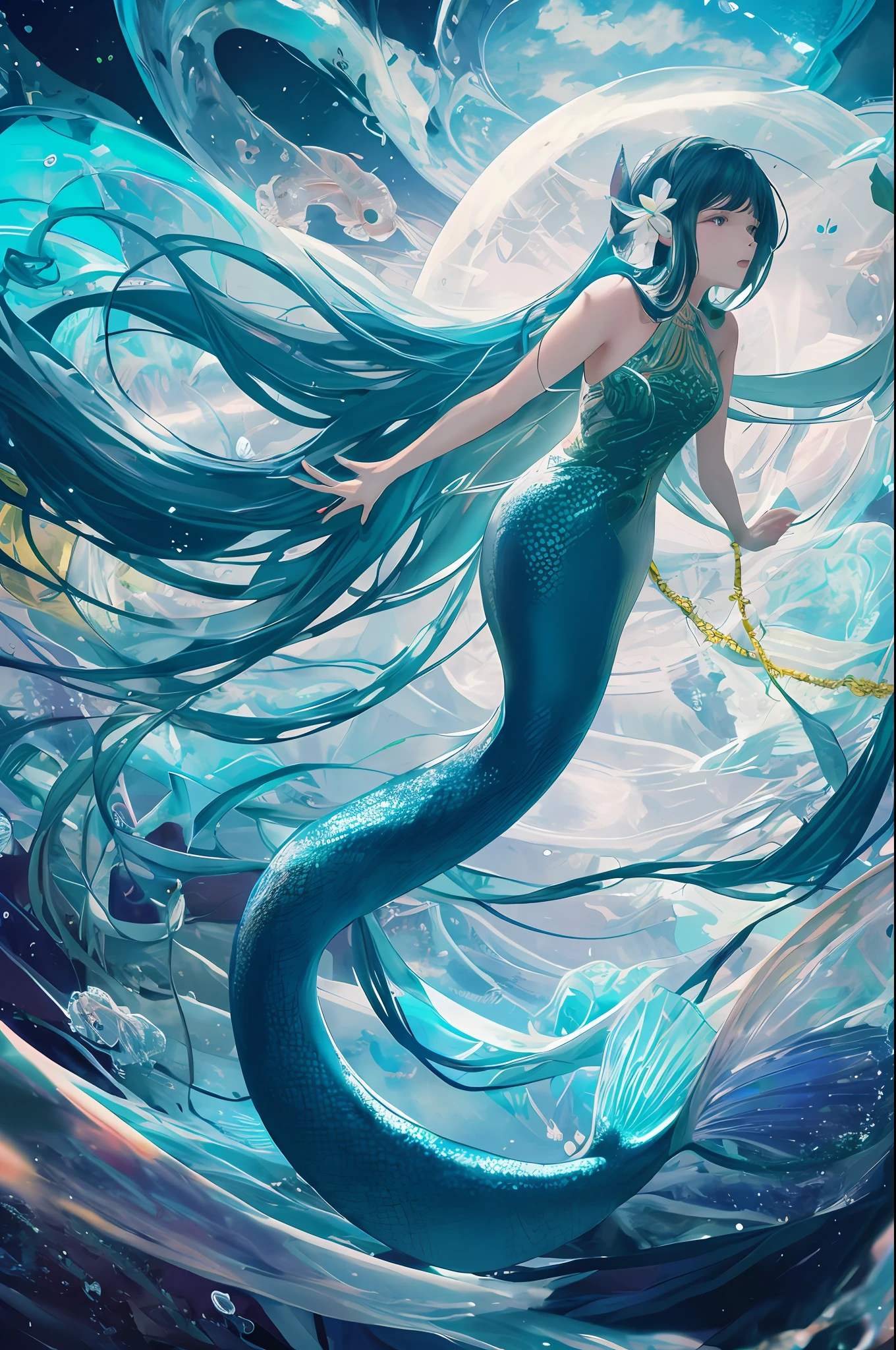 A mermaid, ultra long hair, under the ocean, far shot, wide shot, full body, singing, abstract, ray tracing, lots of fish, jellyfish, octopus, special effect, volumetric lighting, side lighting, dust in the air, glittering, intricate pattern, intricate design dress, absurdres, best quality, master piece, green clothes, sweat, epic, magic circle, mesmerizing, side view, head tilt up, cloud like hair, vibrant, flower