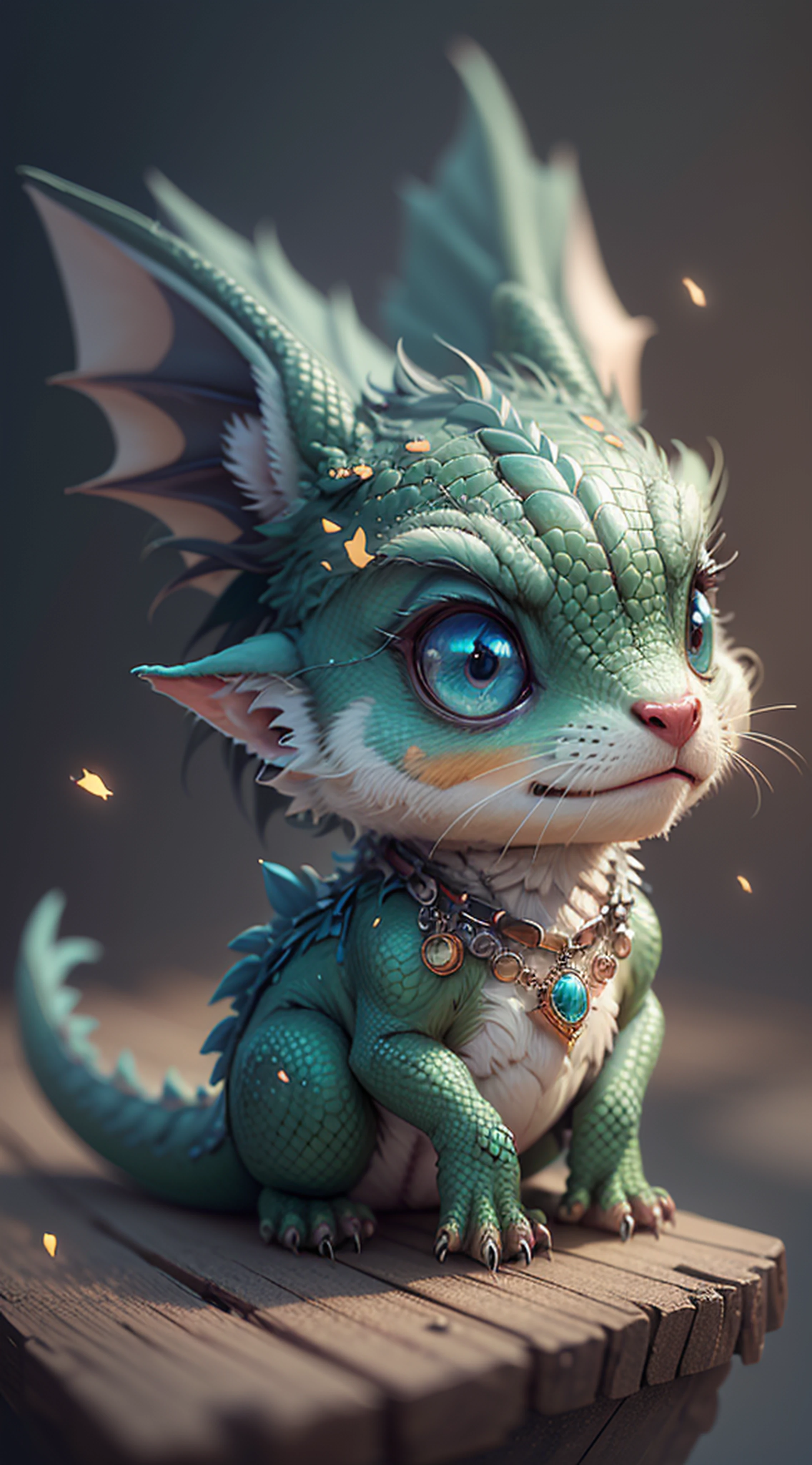 Gorgeous tiny hyperrealistic dragon with realistic eyes and bright different colors taking care of a necklace, Chibi, adorable and cute, logo design, cartoon, cinematic lighting effect, charming, 3D vector art, cute and quirky, fantasy art, bokeh, hand drawn, digital painting, soft lighting, isometric style, 4K resolution, photorealistic rendering, highly detailed cleaning, vector image,  photorealistic masterpiece, professional photography, simple space scenery, isometric, vibrant vector