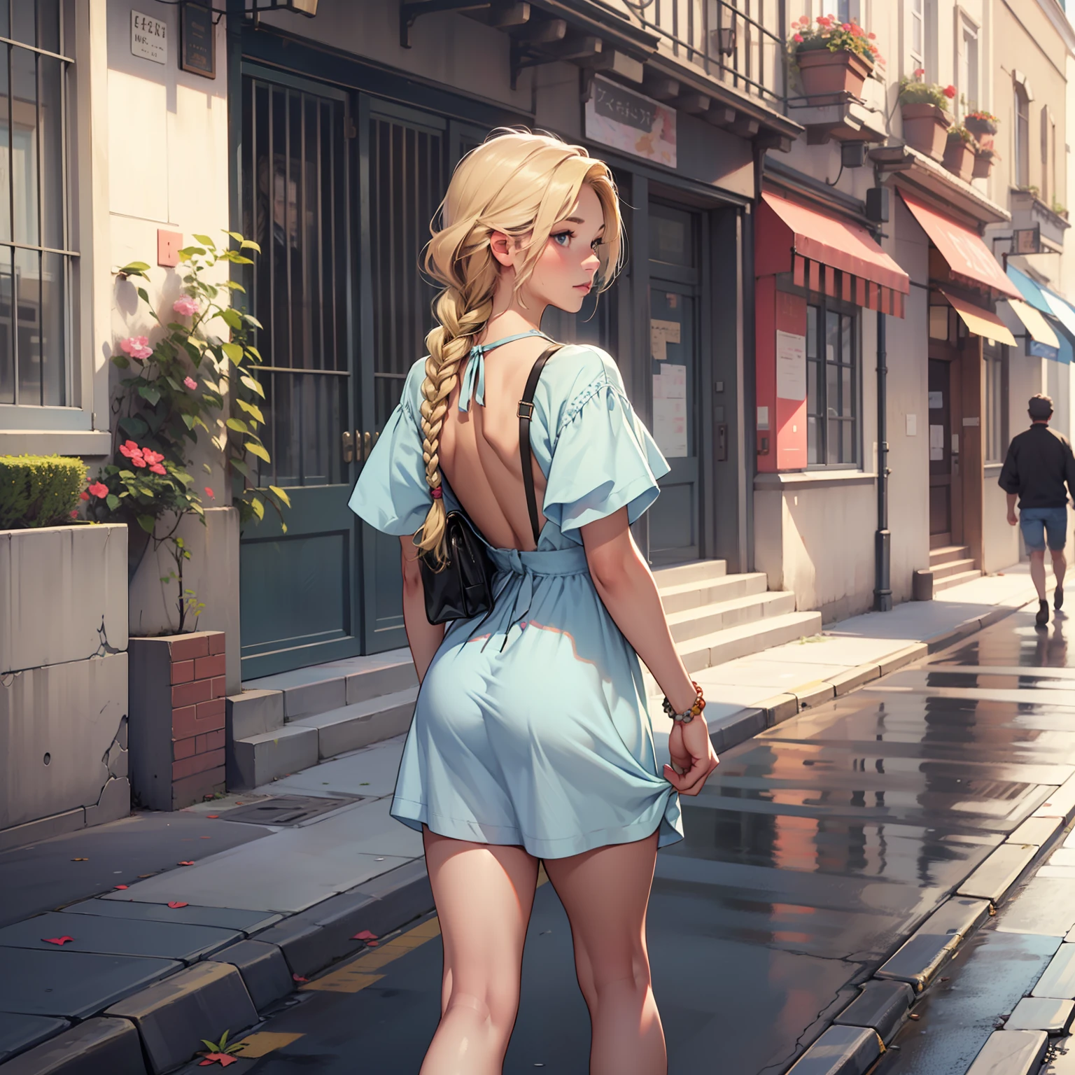 ((realistic: 1.5)),((best quality)), ((masterpiece)),((detailed)), woman, back, blonde hair, braids, pink topp dress, jean shorts, walking down the street