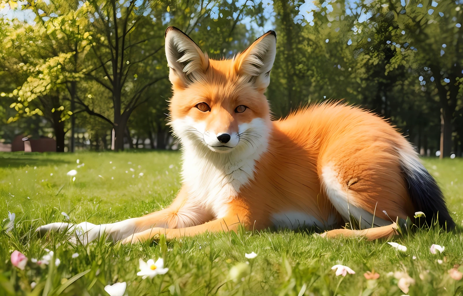 Beautiful fox, eyes open, smiling, grass, flowers, and good lighting