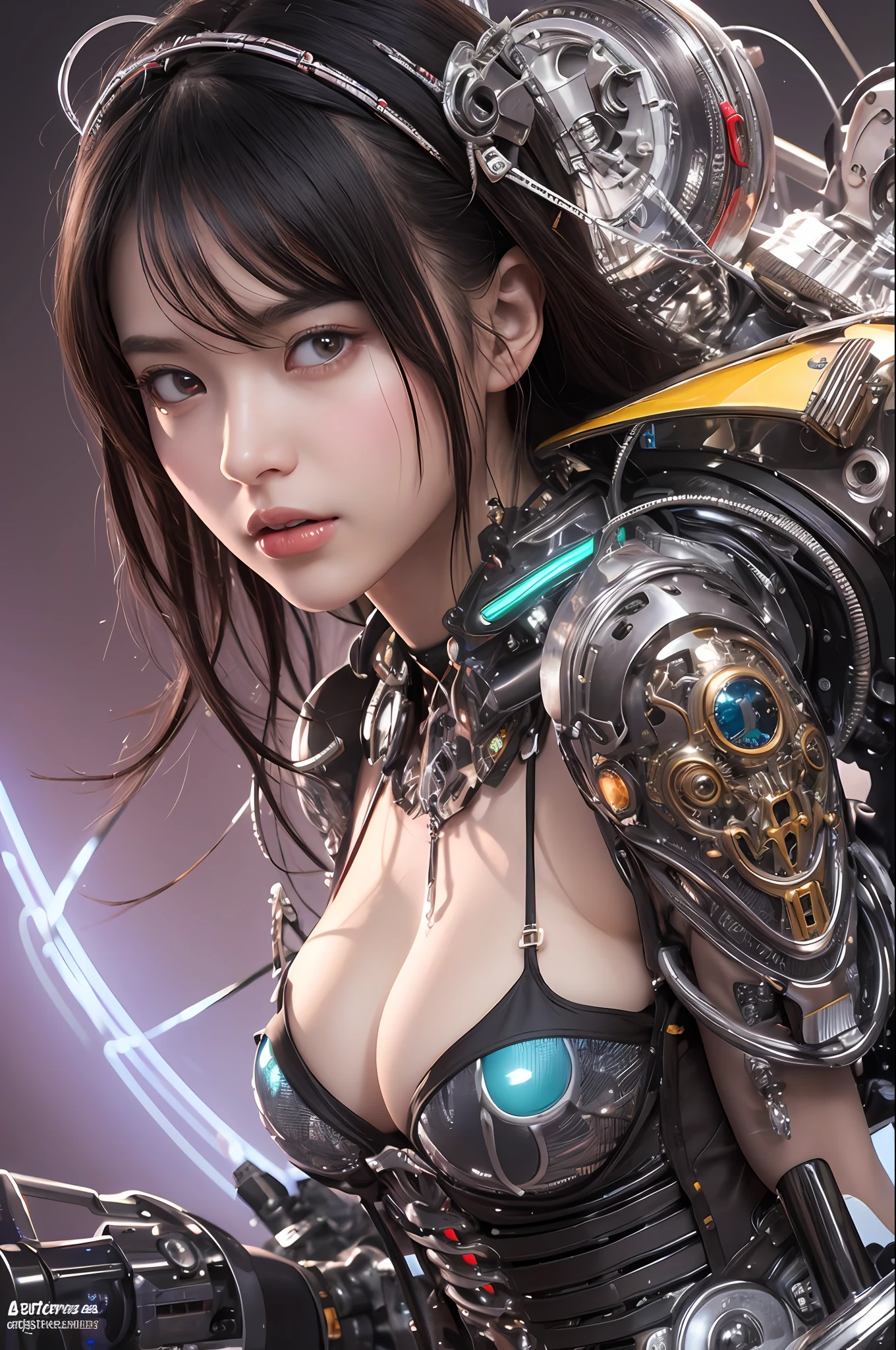 Top Quality, Masterpiece, Ultra High Resolution, (Photorealistic: 1.4), Raw Photo, 1 Girl, Black Hair, Glossy Skin, 1 Mechanical Girl, (Ultra Realistic Details)), Portrait, Global Illumination, Shadows, Octane Rendering, 8K, Ultra Sharp, Glossy Skin, Realistic Skin, Big, Cleavage Exposed Raw Skin, Metal, Intricate Ornaments Details, steampunk details, very intricate details, realistic light, CGSoation trend, purple eyes, glowing eyes, facing the camera, neon details, mechanical limbs, blood vessels connected to tubes, mechanical vertebrae attached to the back, mechanical cervical attachment to the neck, sitting, wires and cables connecting to the head, Evangelion, small LED lamp, The background is cyberspace,