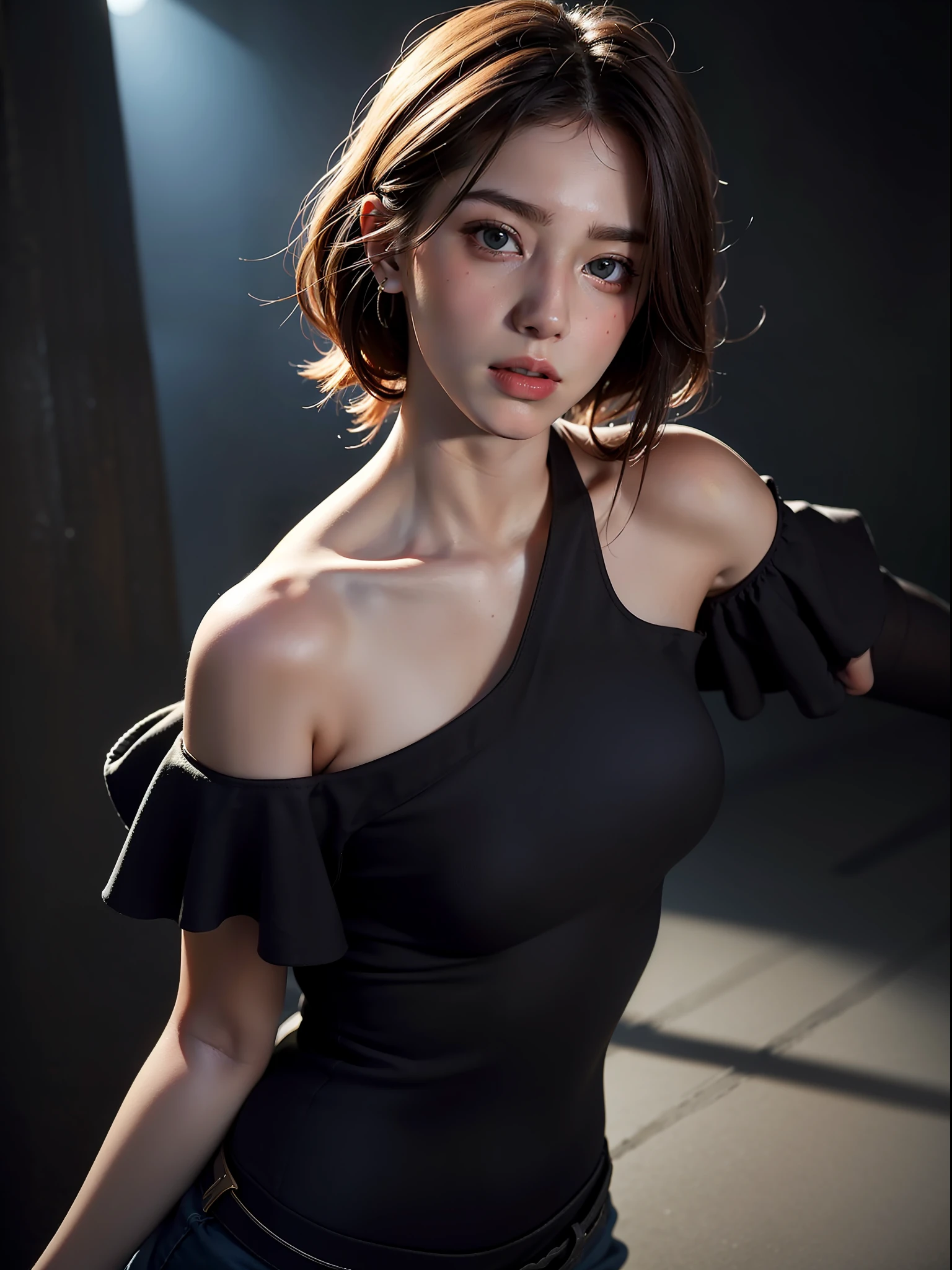 Best quality, masterpiece, ultra high res, (photorealistic:1.4), raw photo, 1girl, offshoulder, in the dark, deep shadow, low key, cold light