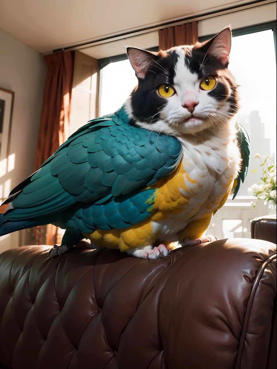 (fat cute cat: 1.5) Official art, Unity 8K wallpapers, ultra detailed, beautiful and aesthetic, masterpiece, best quality, realistic, (sofa, parrot), POV on top, extremely detailed, dynamic angle, the most beautiful form of chaos, elegant, brutalist design, bright colors, romanticism,