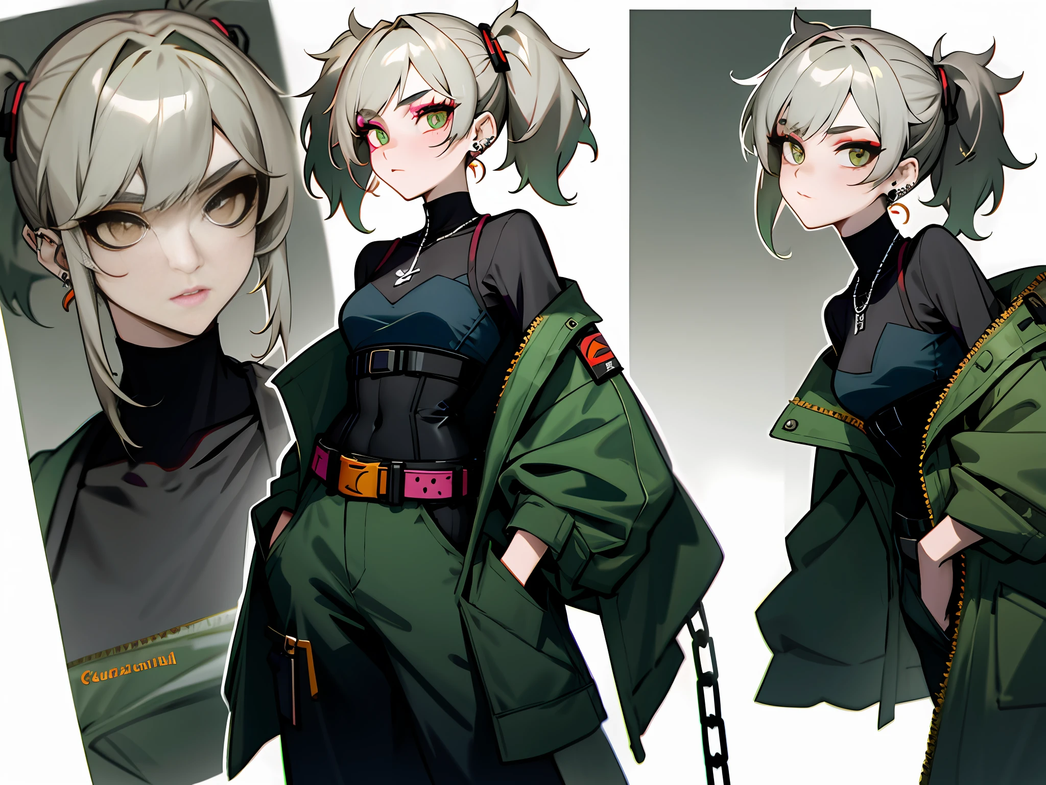 Masterpiece: 1.6, best quality: 1.4, live image: 1.2, intricate details: 1.2, charturnerv2: 1.2, 1lady full body character change,
Appearance: milf: 1.25, thin: 1.3, dark green eyes, small breasts, detailed eyes, quality eyes, small stature,
Clothing: modern clothes, cyberpunk outfit, black body with v-neckline, neckline in the back, black jogger with pockets. All black clothes.
Accessories: piercing earrings, white corset, belt-shaped chains.
Hair: ash-colored hair, hair taken in two pigtails in the form of chongos.
Makeup: natural, shiny, outlined skin, scar in one of your eyes.
(single background, white background: 1.3), multiple views, multiple views of the same character in the same outfit: 1.3.