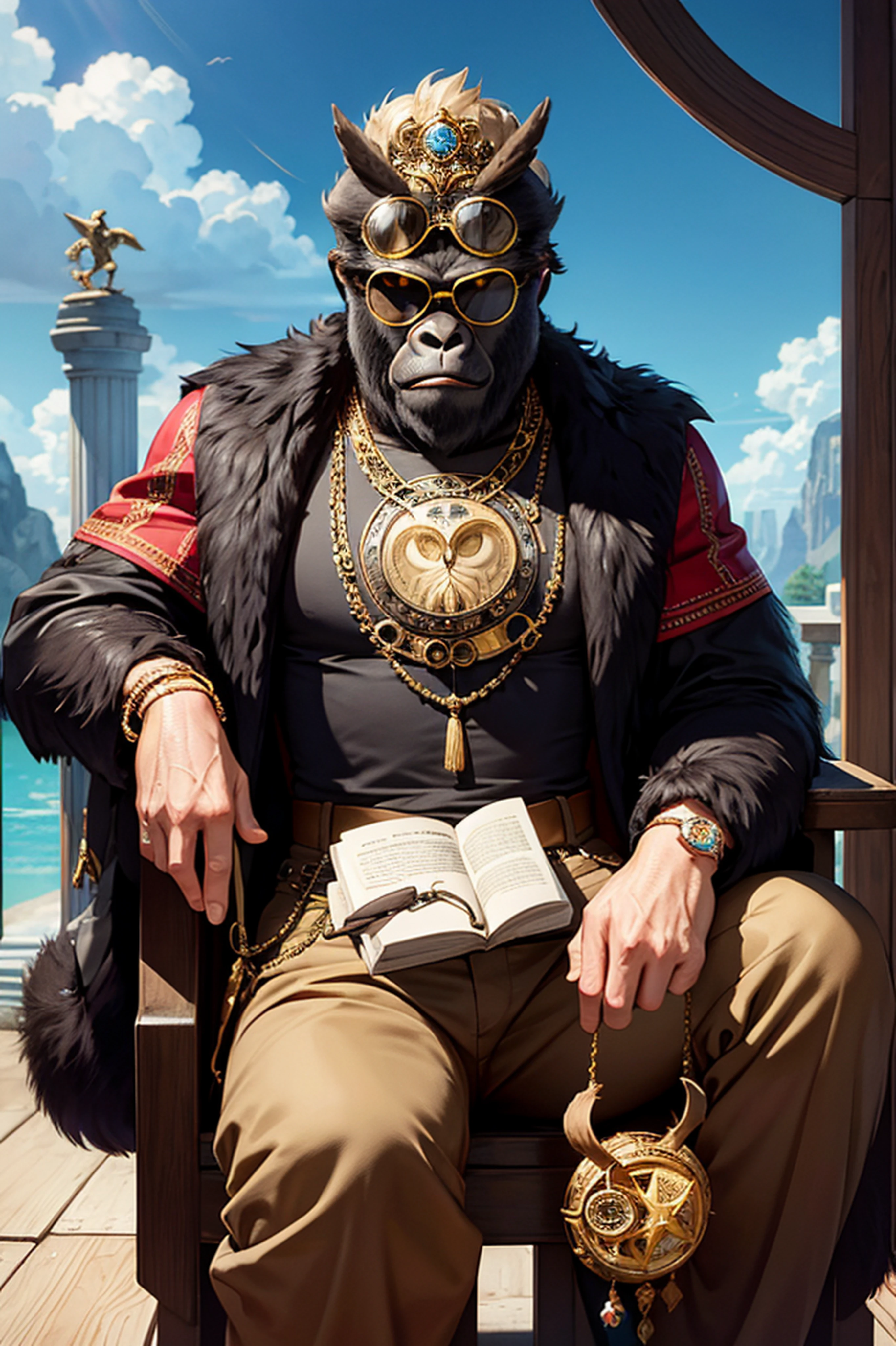 masterpiece, best quality, photorealistic ,fashionmonkey, gorilla, eyewear on head, gears, gem, goggles , gold, jewelry, magic circle,male_focus, owl, pants, shoes, sunglasses, tassel, throne,
