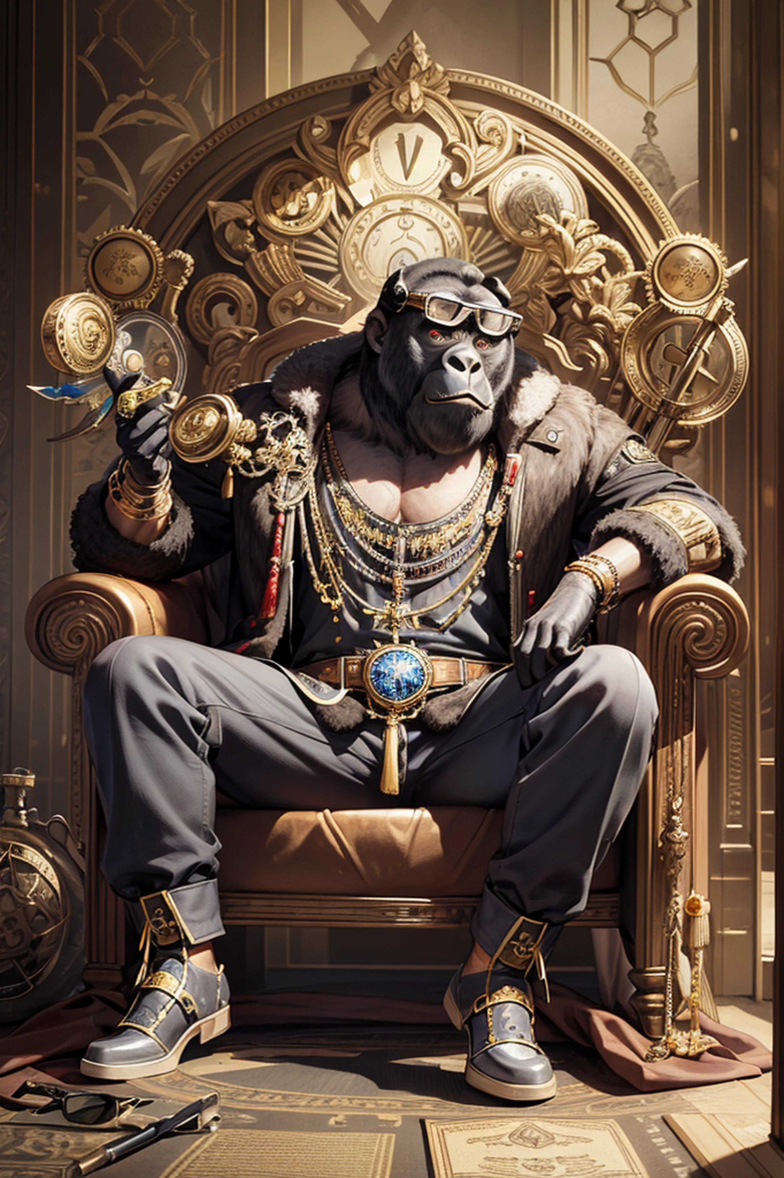masterpiece, best quality, photorealistic ,fashionmonkey, gorilla, eyewear on head, gears, gem, goggles , gold, jewelry, magic circle,male_focus, owl, pants, shoes, sunglasses, tassel, throne,