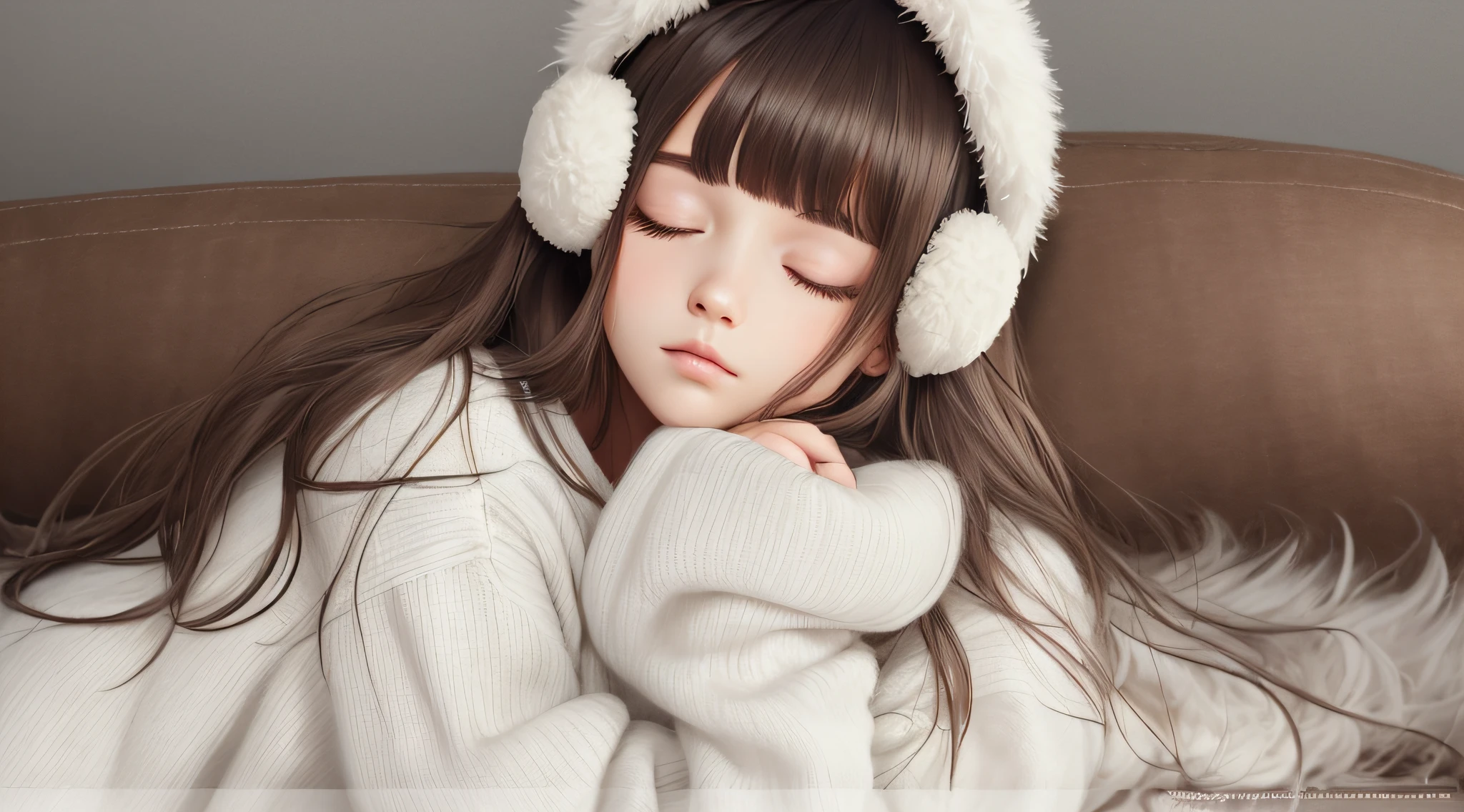 arafed girl with long hair wearing a white sweater and black ear muffs, sleepy, sleepy fashion model face, lalisa manobal, fluffy bangs, white bangs, beautiful cute, cute beautiful, with full bangs, sleeping, cute girl, cute young girl, nina masic, anastasia ovchinnikova, cold but beautiful, sleepy eyes