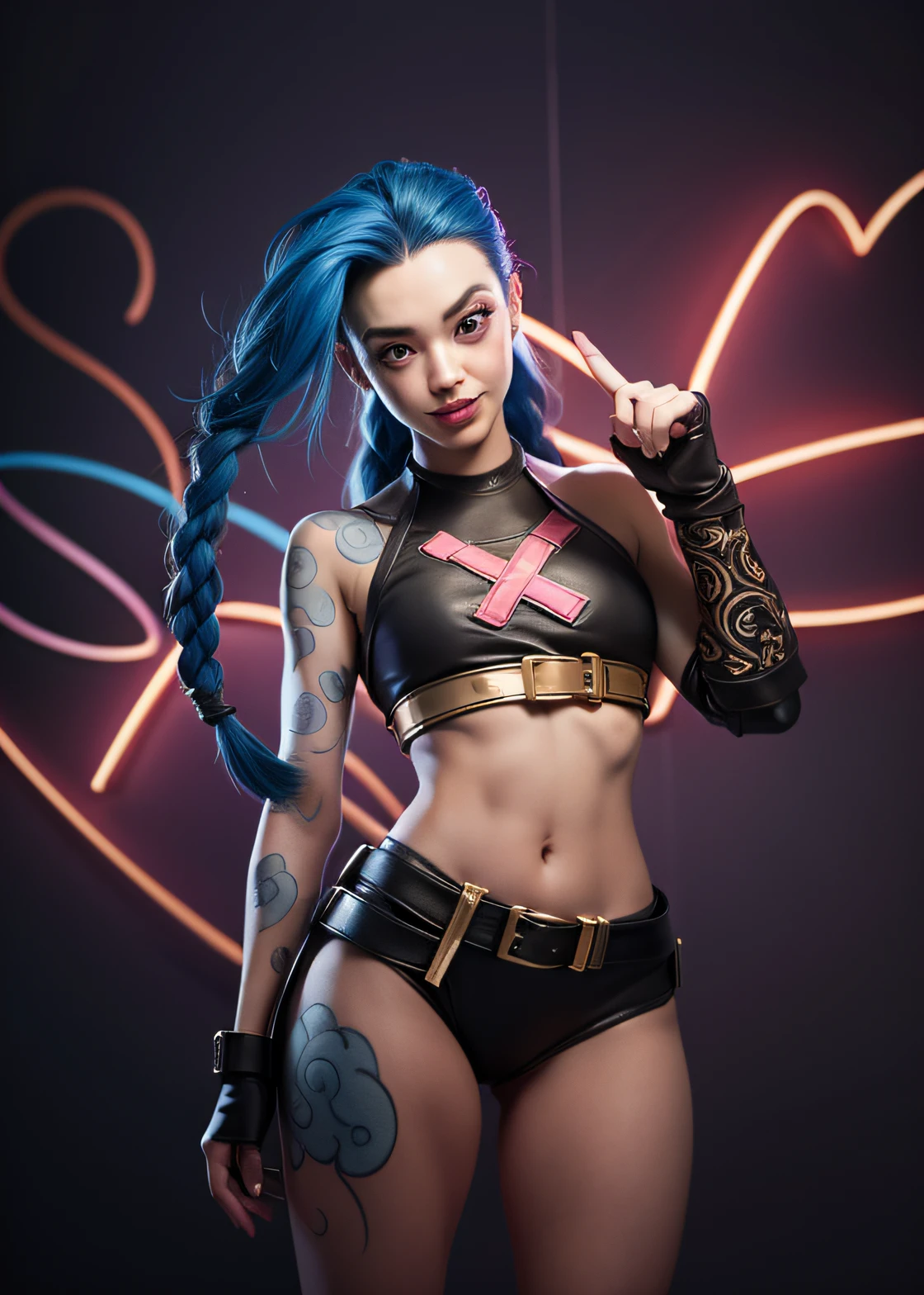 Cinematic illustration of Jinx in dynamic pose and in front of a wall with graffiti, laughter, warm body, nice breasts, detailed face, intricate datails, bright skin, elegant rocker, cinematic lighting, super detail, best quality, masterpiece, anatomically correct, textured skin, super detail, high details, high quality, Artstation. background, a cinematic ring.