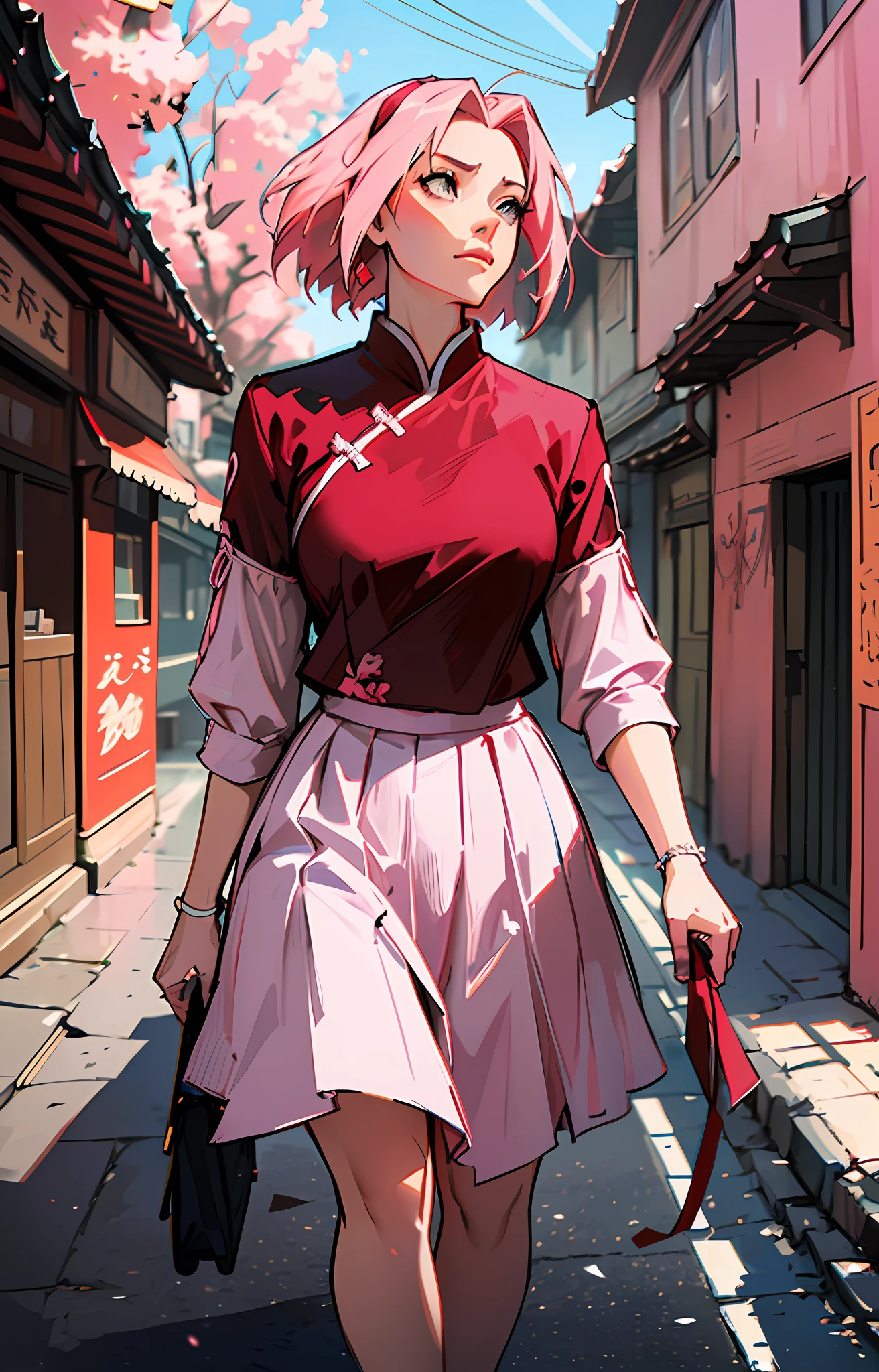 Sakura haruno, shippuden, ((solo)), alone, ((forehead the show)), elegant,wearing a red blouse and a light pink skirt, Sakura haruno in Naruto Shippuden, pink hair, delicate, young, short, detailed, high definition, ((full body)), full body, ((serious)), in a village , Chinese village, she is a beautiful woman, beautiful, beautiful and nice woman, beautiful, beautiful, high quality, Sharp eyes, high definition, sharp, sharp strokes, red ribbon in hair,trending on Artstation, by Rhods, Andreas Rocha, Rossdraws, Makoto Shinkai, Laurie Greasley, Lois Van Baarle, Ilya Kuvshinov and Greg Rutkowski