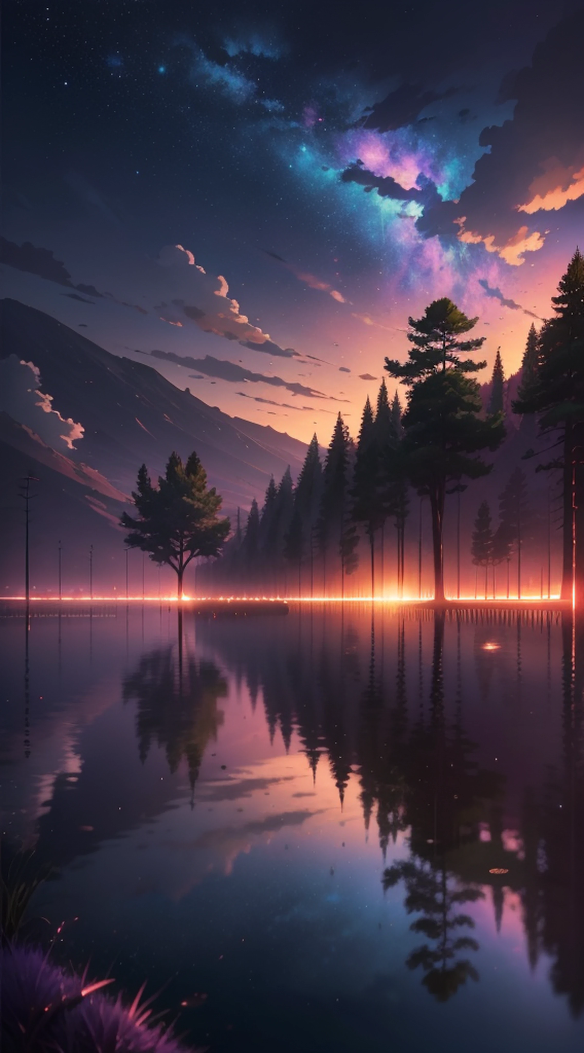 The picture is bright and well lit. no humans. (((Makoto Shinkai style)),pixiv,anime drawing,high quality,pink purple sky,beautiful scene),(universe,train passing,magical realism,((makoto shinkai style)) ::0.8), [Artistic Atmosphere, Atmosphere:0.8, Starry Sky, Hills, Snow Mountain, Sparkling Water, Grass, Trees, Smoke, Stars, Low Angle of View, Specular Scattering,