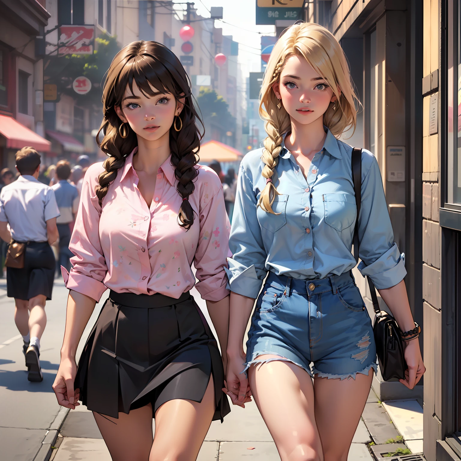 ((realistic: 1.5)),((best quality)), ((masterpiece)),((detailed)), two girls walking together, ((1girl, brown hair, fringed dress shirt, black skirt)), ((1girl, blonde hair, braids, wearing pink topp, jean shorts))