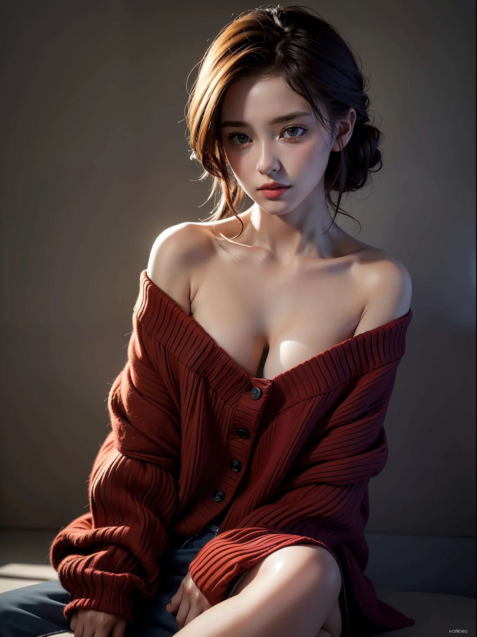 Best quality, masterpiece, ultra high res, (photorealistic:1.4), raw photo, 1girl, offshoulder, in the dark, deep shadow, low key, cold light