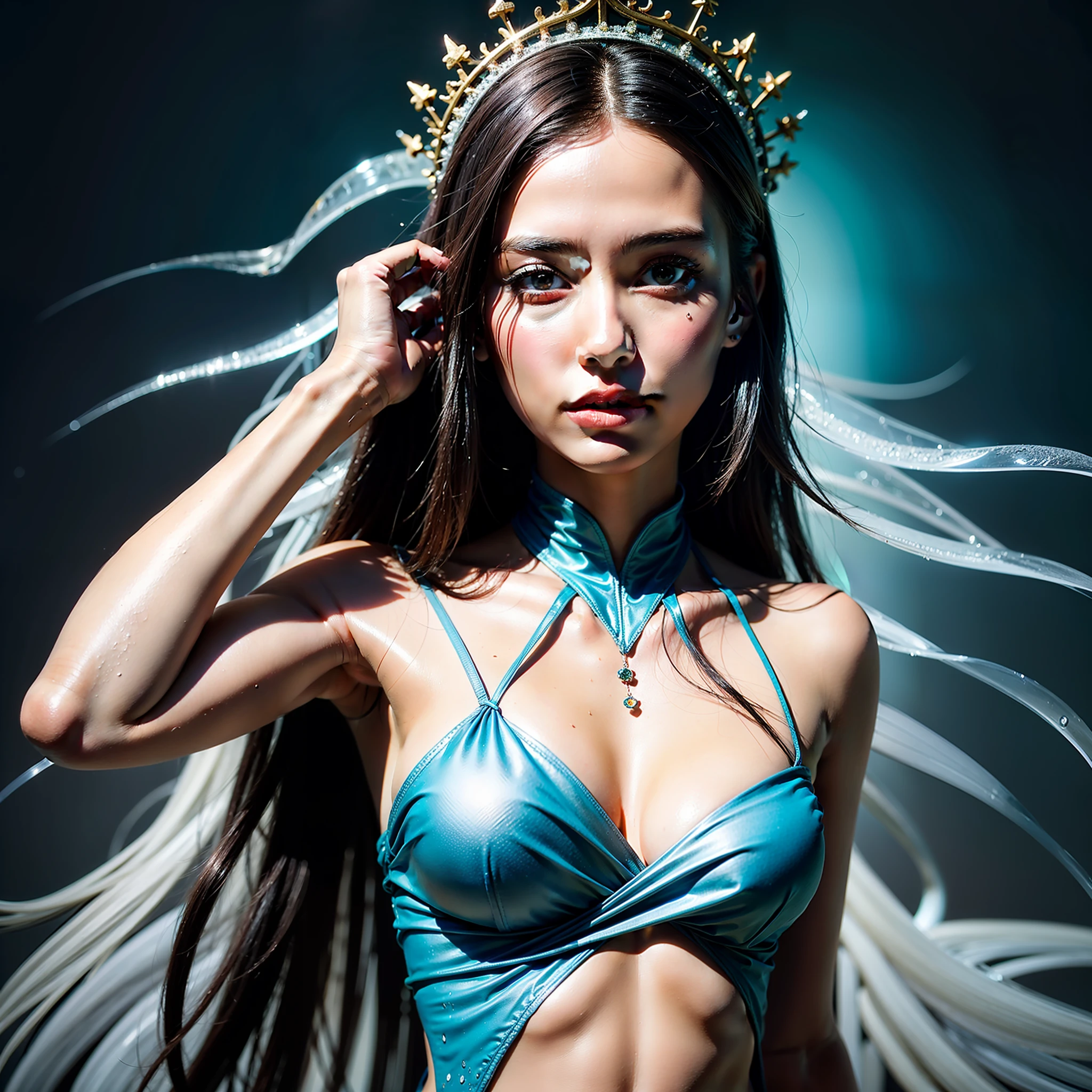 Cinematic photo of closeup portrait of water princess made of ice before blue waterfall on rainy day(full body), wearing ice crown and bright light blue body costume, skin made of ice, wet, rain, sorceress, casting powerful water magic, blue water and magical particles, water magic, magic splash, blue liquid, trend in Artstation, realistic soft skin, Canon EOS 7D, Canon EF 70-200mm f/2.8L IS, vibrant shot by the best camera, vibrant effects, beautiful image quality, focused, vibrant color, long hair, professional color gradation, vibrant focus, (((film grain, color photo, 8k))
