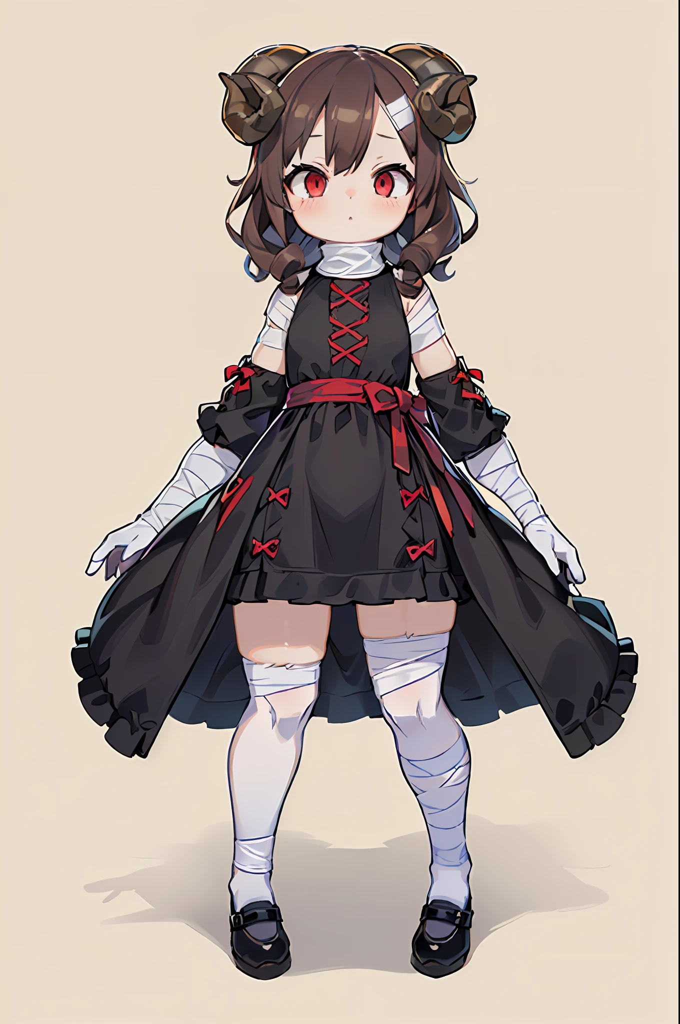 ((Full body):1.5),((9--old l /with sheep's horns):1.5), bulging hips,((brown curly hair):1.2),((bandaged arms and legs):1.4)(wearing a white isekai dress:1.4),(black shoes:1.5) ((red eyes):1.3), looking at the viewer, in a ((single background):1.5),4k,