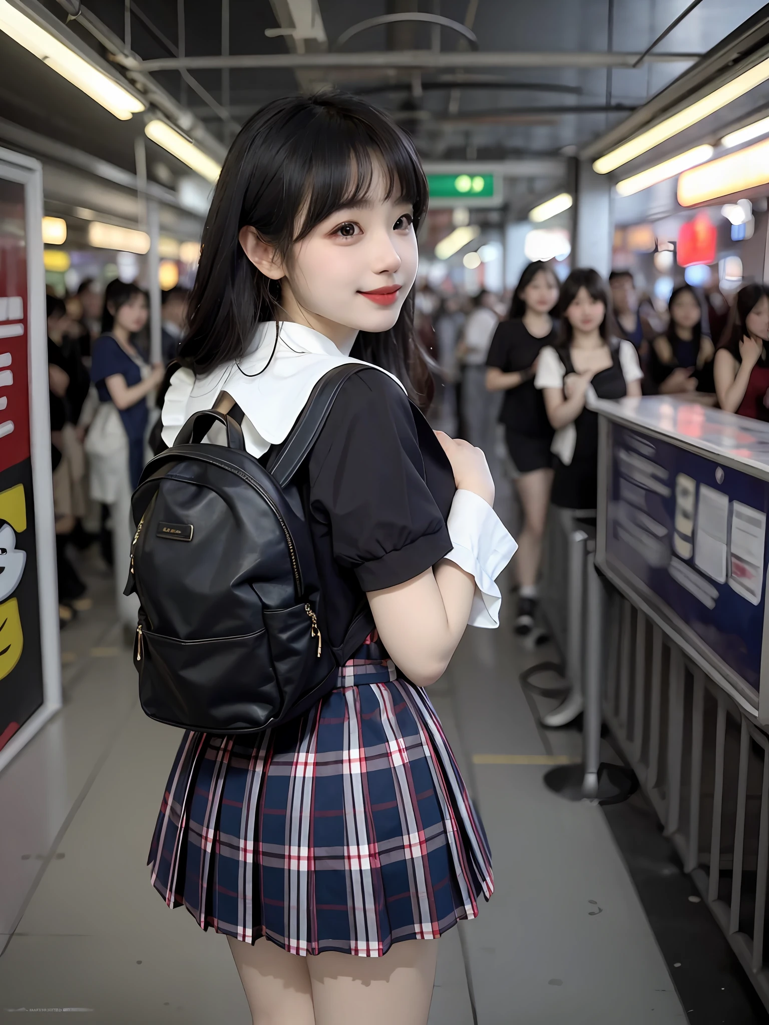(8k, best quality, masterpiece: 1.2), (realistic, realistic, photorealistic: 1.37), 2 girls, hyper detail, beautiful detail eyes, beautiful detail nose, (((2girls))), twin girls, short sleeve sailor suit, pleated short skirt, 7 minutes photo, subway station, smile, bedroom, white bed, standing, carrying a school bag, (((turn back, look back)))