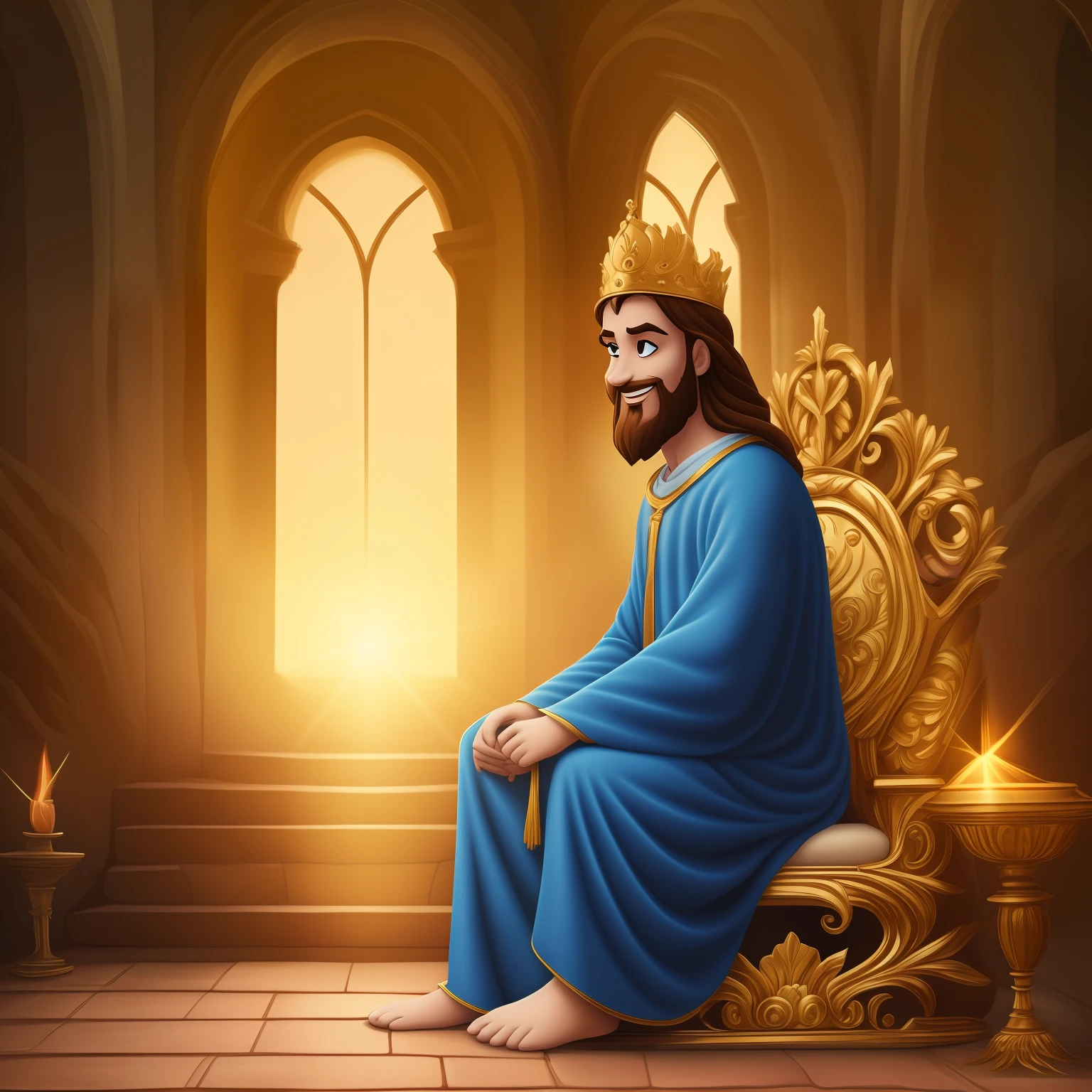 Original art quality, full body image, animation style of Disney characters, young and beautiful Jesus God, posture sitting on a golden throne, hands naturally placed on both sides, looking forward, soft and smiling expression, eyes full of light, with children watching the focus of light is on the characters, the overall picture is fresh and bright. --auto