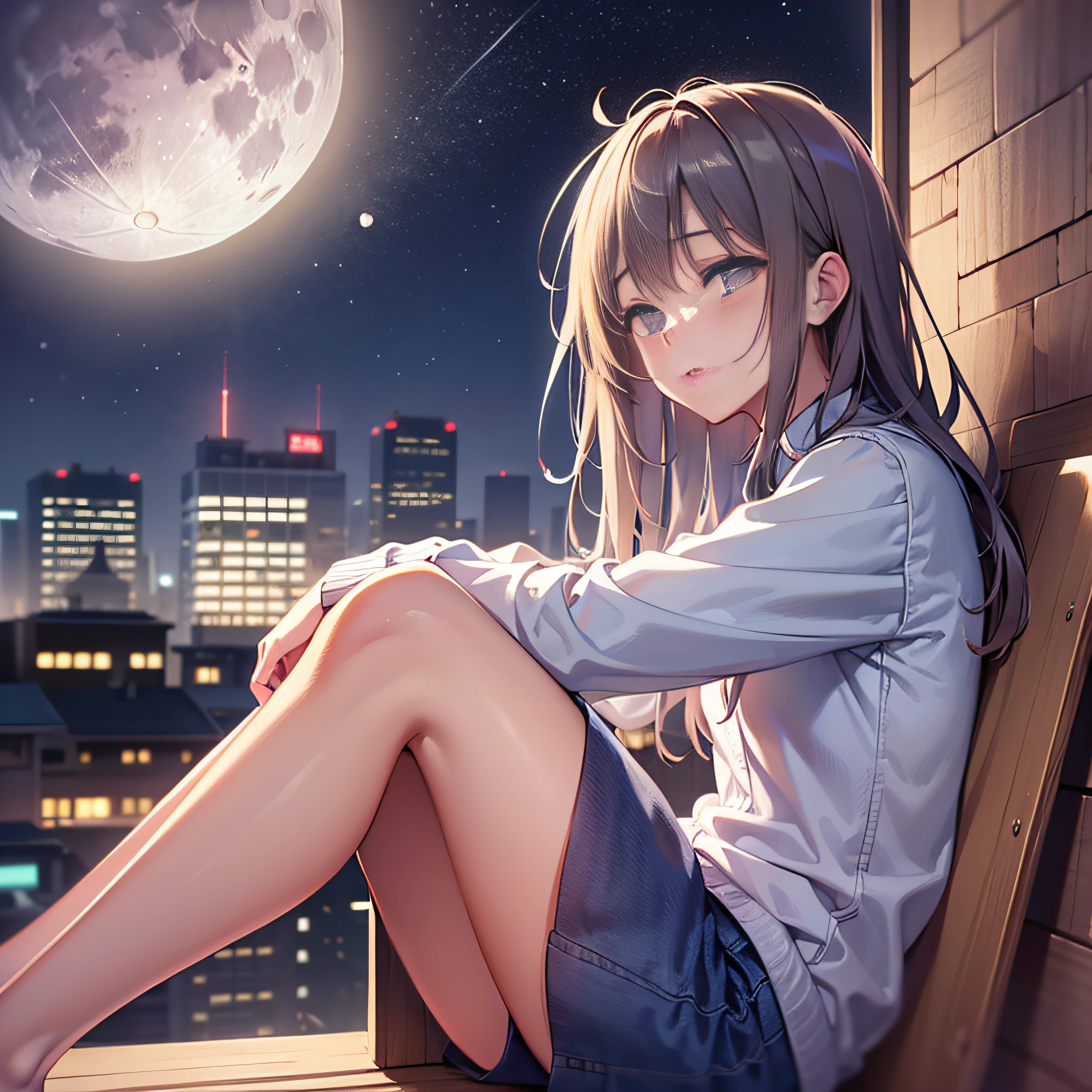 Cartoon of a girl sitting in front of a window against the background of the moon, calm night. digital illustration, sleepy , late night, sleepy face, sleepy face, pastel, summer night, summer, summer clothes